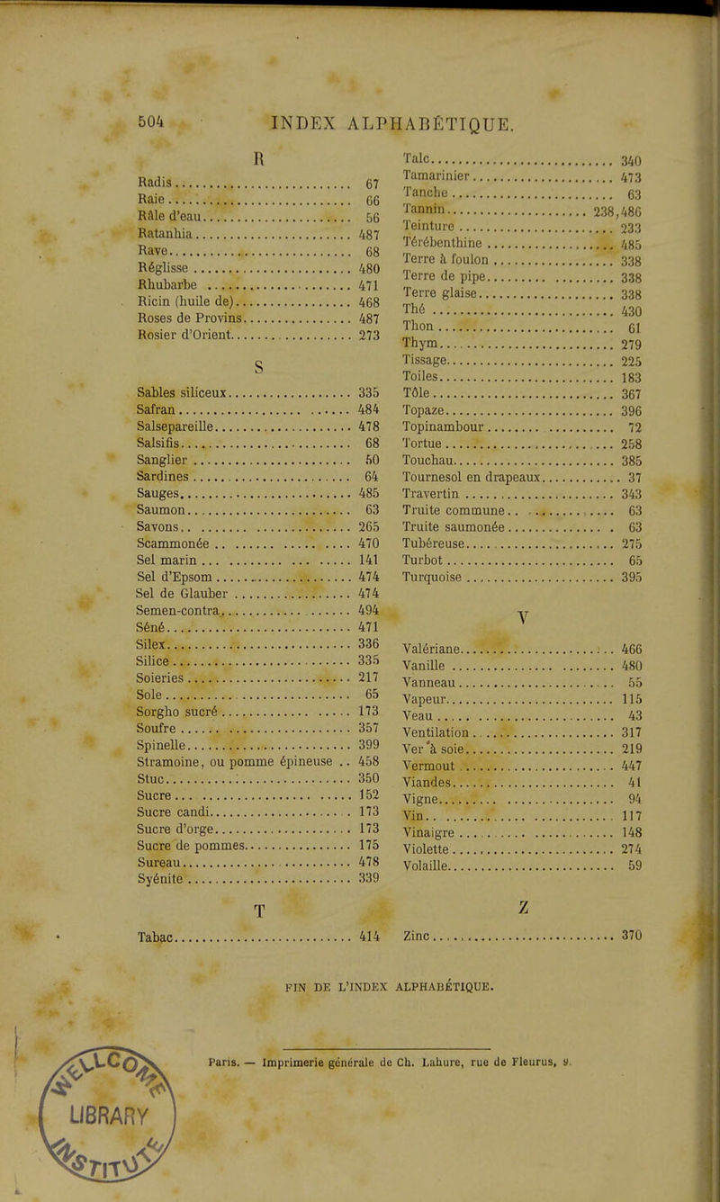 R Radis 67 Raie 66 Râle d'eau 56 Ratanhia 487 Rave 68 Réglisse 480 Rhubarbe 471 Ricin (huile de) 468 Roses de Provins 487 Rosier d'Orient 273 S Sables siliceux 335 Safran 484 Salsepareille 478 Salsifis 68 Sanglier hO Sardines 64 Sauges 485 Saumon 63 Savons 265 Scammonée 470 Sel marin 141 Sel d'Epsom 474 Sel de Glauber 474 Semen-contra 494 Séné 471 Silex 336 Sihce 335 Soieries 217 Sole 65 Sorgho sucré 173 Soufre 357 Spinelle 399 Stramoine, ou pomme épineuse .. 458 Stuc ; 350 Sucre... 152 Sucre candi . 173 Sucre d'orge 173 Sucre de pommes 175 Sureau 478 Syénite 339 T Tabac 414 Talc 340 Tamarinier 473 Tanche 63 Tannin 238,486 Teinture 233 Térébenthine 485 Terre à foulon 338 Terre de pipe 338 Terre glaise 338 Thé 430 Thon 61 Thym 279 Tissage 225 Toiles 183 Tôle 367 Topaze 396 Topinambour 72 Tortue 258 Touchau 385 Tournesol en drapeaux 37 Travertin 343 Truite commune 63 Truite saumonée 63 Tubéreuse 275 Turbot 65 Turquoise 395 V Valériane 466 Vanille 480 Vanneau 55 Vapeur 115 Veau 43 Ventilation 317 Ver'à soie 219 Vermout 447 Viandes 41 Vigne 94 Vin 117 Vinaigre 148 Violette 274 Volaille 59 z Zinc 370 FIN DE L'INDEX ALPHABETIQUE. Paris. — Imprimerie générale de Ch. Lahure, rue de Fieurus, y.