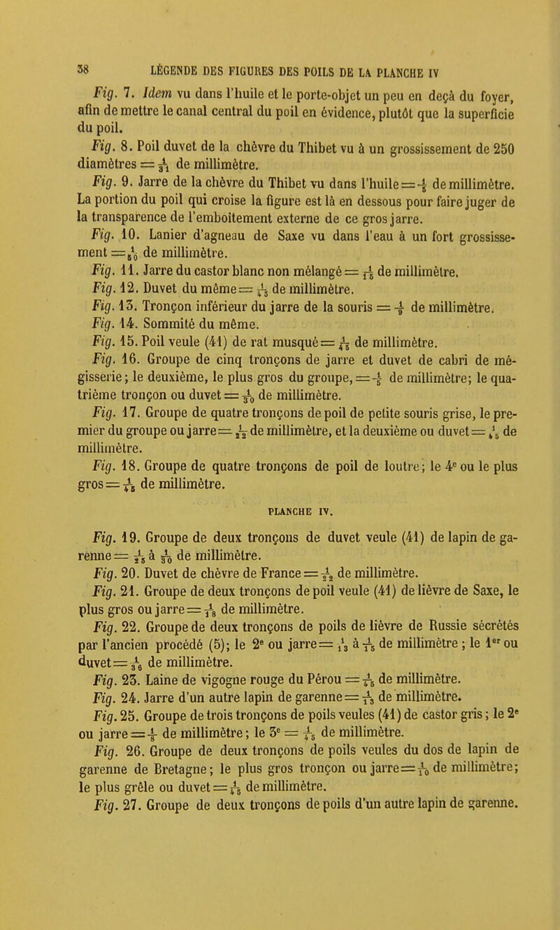 38 LÉGENDE DES FIGURES DES POILS DE L\ PLANCHE IV Fig. 7. Idem vu dans l'huile et le porte-objet un peu en deçà du foyer, afin démettre le canal central du poil en évidence, plutôt que la superficie du poil. Fig. 8. Poil duvet de la chèvre du Thibet vu à un grossissement de 250 diamètres = de miUimètre. Fig. 9. Jarre de la chèvre du Thibet vu dans l'huile=-| de millimètre. La portion du poil qui croise la figure est là en dessous pour faire juger de la transparence de l'emboîtement externe de ce gros jarre. Fig. 10. Lanier d'agneau de Saxe vu dans l'eau à un fort grossisse- ment =g*3 de millimètre. Fig. 11. Jarre du castor blanc non mélangé = j-^ de millimètre. Fig. 12. Duvet du même= de millimètre. Fig. 13. Tronçon inférieur du jarre de la souris = -i ^6 millimètre. Fig. 14. Sommité du même. Fig. 15. Poil veule (41) de rat musqué = de millimètre. Fig. 16. Groupe de cinq tronçons de jarre et duvet de cabri de mé- gisserie ; le deuxième, le plus gros du groupe, =4 de millimètre; le qua- trième tronçon ou duvet = de millimètre. Fig. 17. Groupe de quatre tronçons de poil de petite souris grise, le pre- mier du groupe ou jarre=^ de millimètre, et la deuxième ou duvet= i,\ de miiUmètre. Fig. 18. Groupe de quatre tronçons de poil de loutre; le 4* ou le plus gros=/5 de millimètre. PLANCHE IV, Fig. 19. Groupe de deux tronçons de duvet veule (41) de lapin de ga- renne = à ^5 de milUmètre. Fig. 20. Duvet de chèvre de France = de millimètre. Fig. 21. Groupe de deux tronçons de poil veule (41) de lièvre de Saxe, le plus gros ou jarre = -^^ de millimètre. Fig. 22. Groupe de deux tronçons de poils de lièvre de Russie sécrétés par l'ancien procédé (5); le 2 ou jarre = à -^^ de milhmètre ; le 1 ou duvet = 3*g de millimètre. Fig. 23. Laine de vigogne rouge du Pérou = -^5 de millimètre. Fig. 24. Jarre d'un autre lapin de garenne = ï*-, de millimètre. Fig. 25. Groupe de trois tronçons de poils veules (41) de castor gris ; le 2« ou jarre = 4 de millimètre ; le 3' = de millimètre. Fig. 26. Groupe de deux tronçons de poils veules du dos de lapin de garenne de Bretagne; le plus gros tronçon ou jarre=fode millimètre; le plus grêle ou duvet = de millimètre. Fig. 27. Groupe de deux tronçons de poils d'un autre lapin de garenne. il I