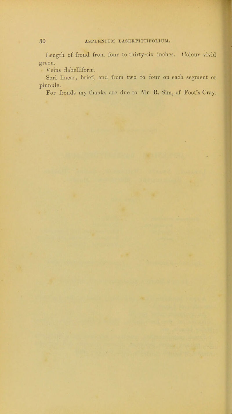 Length of frond from four to thirty-six inches. Colour vivid green. Veins flabelliform. Sori linear, brief, and from two to four on each segment or pinnule. For fronds my thanks are due to Mr. R. Sim, of Foot's Cray.