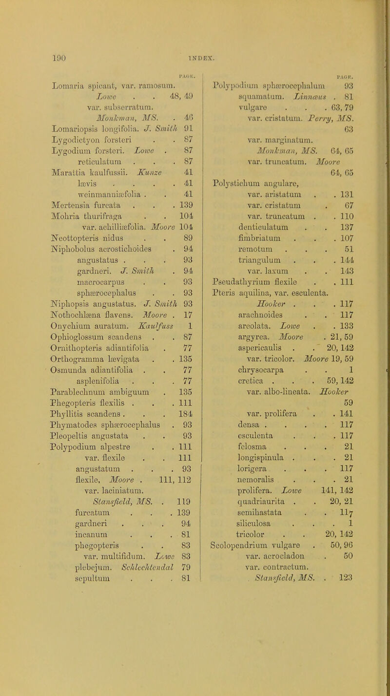 Lomaria spieant, var. ramosum. I'ACiK. l'AUK. Polypodium sphooroceplialum 93 Lowe . . 48, 49 squamatum. Linnatus . 81 vjiv Riili^pi'raf.um. vulgaro . 03,79 A Tonkin it n MS 46 var. cristatum. Perry, MS. Lomariopsis longifolia. J. Smith 91 63 Lygodictyon forsteri 87 var. marginatum. Lygodium forstcri. Lowe 87 Monk man, MS. 04., 65 reticulatum 87 var. truncatum. Moore Marattia kaulfussii. Kunzc 41 64, 65 lojvis . 41 Polystichum angulare, weinmannia;folia . 41 var. aristatum . 131 Mertensia furcata 139 var. cristatum 67 Mohria thurifraga 104 var. truncatum . . 110 var. achilliffifolia. Moore 104 denticulatum . 137 Neottopteris nidus 89 fimbriatum . 107 Niphobolus acrostichoides 94 remotum 51 angustatus . 93 triangulum . 144 gardneri. J. Smith 94 var. laxum . 143 nmcrocarpus 93 Pseudatbyrium flexile . Ill spliffirocephalus 93 Pteris aquilina, var. esculenta. Niphopsis angustatus. J. Smith 93 Hooker . . 117 Nothochlaena flavens. Moore . 17 arachnoides . 117 Onychiuin auratum. Kaulfuss 1 areolata. Louie . 133 Ophioglossum scandens 87 argyrea. Moore . 21, 59 Ornifcliopteris adiantifolia 77 aspericaulis 20,142 Orthogramma laevigata 135 var. tricolor. Moore 19, 59 Osmunda adiantifolia 77 cbrysocarpa 1 asplenifolia 77 cretica . 59,142 Parableclinum ambiguum 135 var. albo-lineata. Hooker Phegopteris flexilis . 111 59 Phyllitis scandens . 184 var. prolifera . 141 Phymatodes spha?rocephalus 93 densa . . 117 Pleopeltis angustata 93 esculenta . 117 Polypodium alpestre 111 felosma 21 var. flexile 111 longispinula . . 21 angustatum 93 lorigera . 117 flexile, Moore . Ill, 112 nemoralis . 21 var. laciniaturn. prolifera. Lowe 141, 142 Stansfield, MS. . 119 quadriaurita . 20, 21 furcatum 139 semibastata . 117 gardneri . . < 94 siliculosa . i incanurn 81 tricolor 20, 142 phegopteris 83 Scolopendrium vulgare 50,96 var. multifidiim. Lowe 83 var. acrocladon 50 plebej vim. Schlcehtcn da I 79 var. contractum. sepultum 81 Stansfield, MS. . 123