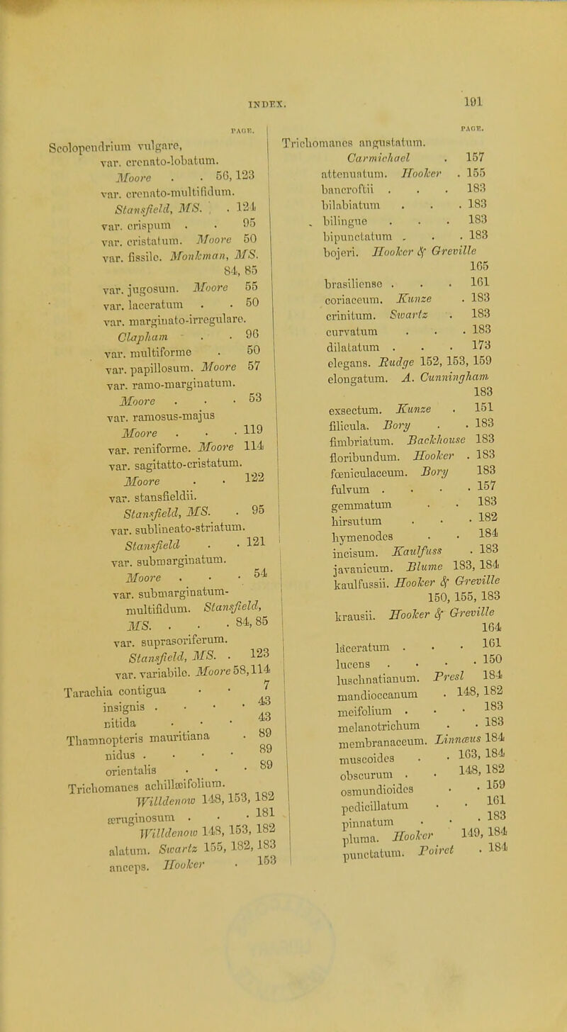 11)1 PAOB, Scolopcwlrium vulgare, var. crcnato-lobatum. Moore . . 50,123 var. orenato-multifidum. Stavsfield, MS. ] . 124 var. erispum . ■ 95 var. cristatum. Moore 50 var. fissile. Monkman, MS. 84, 85 var. jugosum. Moore 55 var. laceratum . . 50 var. margiuato-irregulare. 96 50 57 Olapham var. multiforme var. papillosum. Moore var. ramo-marginatum. Moore . ■ .53 var. ramosus-majus Moore . • • H9 var. reniforme. Moore 114 var. sagitatto-cristatum. Moore . • 122 var. stansfieldii. Stansfield, MS. . 95 var. sublineato-striatum. Stanxfield ■ • 121 var. submargiuatutn. Moore . • • 54 var. submarginatum- multifidum. Stansfield, MS. . ■ • 84,85 var. BUprasoriferum. Stansfield, MS. . 123 var. variabilo. .Moore 58,114 7 43 43 89 89 89 Taracbia contigua insignis . citida Tbamuoptcris mauritiana nidus . orientalis Tricbomaucs acbillaVifolium. Willdenow 148,153, 182 aruginosum . Willdenow 148, 153, 182 datum. Swartz 155, 182, 183 anccps. Hooker • I63 PAOK. 157 . 155 18:! . 183 183 . 183 bojeri. Hooker Sf Greville 1G5 Triebomanes angustatum. Carmichacl attenuatum. Jfookci bancroflii . bilabiatum . bilingue bipunctatum brasilicnse GOriaceum. crinilum. curvatum dilatatum Kunze Swartz 161 183 183 183 173 clegans. Budge 152, 153, 159 elougatum. A. Cunningham 183 exsectum. Kunze filicula. Bory fimbriatum. Backhouse floribundum. Hooker . fceniculaceum. Bory fulvum . gemmatum birsutum bymenodes incisum. Kaulfuss javanicum. Blume 183, 184 kaulfussii. Hooker Sf Greville 150, 155, 183 krausii. Hooker Sf Greville 164 151 183 183 183 183 157 183 182 184 183 laceratum . lucens luscbnatianurn. mandioccanum meifolium . melanotricbum . 161 . 150 Presl 184 . 148, 182 . 183 . 183 niembranaceum. Linnmus 184 muscoides obscurum . osmundioides pcclicillatum pinnatum plutna. Hooker punctatum. Foiret 163, 184 148, 1S2 . 159 . 161 . 183 110, 184 . 184