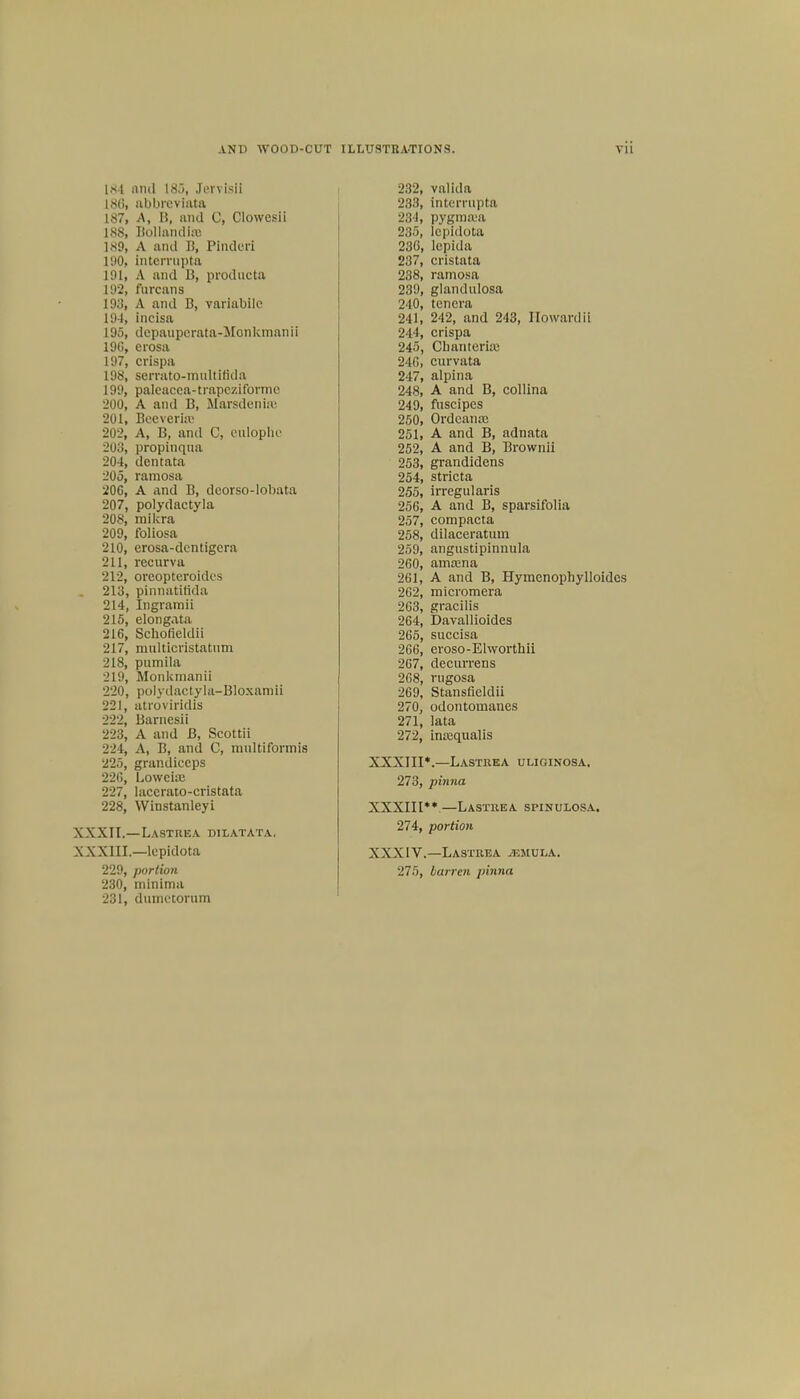 AND WOOD-CUT ILLUSTRATIONS. Til 184 and Jervlsli !«(!, abbreviate 187, A, B, nnd C, Clowesii 188, Bollandiaa 189, A and B, Pinderi 190, intcrrupta 191, A and B, producta 192, furcans lit.'!, A and B, variabile 19- 1, incisa 195, depauperata-Monkmanii 19G, erosa 197, crispa 198, serrato-multifida 199, paleacca-trapeziformc 200, A and B, Marsdenite 201, Bceveria1 202, A, B, and C, eulophc 203, propinqua 20- t, dentata 205, ramosa 206, A and B, dcorso-lobata 207, polydactyla 208, mikra 209, foliosa 210, erosa-dcntigera 211, recurva 212, orcopteroidcs 213, pinnatitida 214, Ingramii 215, elongata 216, SchoticUlii 217, raulticristatnm 218, pnmila 219, Monkmanii 220, polydact.yla-Bloxamii 221, atroviridis 222, Bamcsii 223, A and B, Scottii 224, A, B, and C, multiformis 225, grandiceps 220, Lowcne 227, laccrato-cristata 228, Winstanleyi XXXII.— Lastiiea dilatata, XX.XIII.—lepidota 229, portion 230, minima 231, dumotorum 232 233 234 235 230 237 238 239 240 241 244. 245 24G 247 248 249 250 251 252 253 254 255 256 257 258 259. 260 261 262 263, 264, 265 266 267 268 269 270 271 272 valida [nterrupta pygmaja lepidota lepida cristata ramosa gland nlosa tcnora 242, and 243, Howardii crispa Cbanteria; curvata alpina A and B, collina fuscipes Ordeana; A and B, adnata A and B, Brownii grandidens stricta irregularis A and B, sparsifolia compacta dilaceratum angustipinnula anucna A and B, Hymenophylloides micromera gracilis Davallioides succisa eroso-Elworthii decurrens rugosa Stansficldii odontomanes lata inajqualis XXXIII*.—Lastrka uliginosa. 273, pinna XXXIII**—Lastiiea spinulosa. 274, portion XXXIV.—Lastrea /Emula. 275, barren pinna