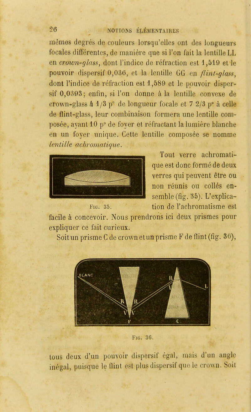 mémos degrés dq couleurs lorsqu'elles uni des longueurs focales différentes, de manière que si l'on fait la lentille LL en crown-glass, dont l'indice de réfraction est 1,519 et le pouvoir dispersif 0,036, et la lentille GG eu flinUglw% dont l'indice de réfraction est 1,589 et le pouvoir disper- sif 0,0393 ; enfin, si l'on donne à la lentille convexe de crown-glass h 1/3 p° de longueur focale et 7 2/3 p° à celle de flint-glass, leur combinaison formera une lentille com- posée, ayant 10 p° de foyer et réfractant la lumière blanche en un foyer unique. Cette lentille composée se nomme lentille achromatique. Tout verre achromati- que est donc formé de deux verres qui peuvent être ou non réunis ou collés en- semble (fig. 35), L'explica- Fig. 35. tion de l'achromatisme est facile à concevoir. Nous prendrons ici deux prismes pour expliquer ce fait curieux. Soit un prisme G de crown etun prisme F de flint (fig. 36), Fig. 36. tous deux d'un pouvoir dispersif égal, niais d'un angle inégal, puisque le flint est plus dispersif fUe Le crown. Soil