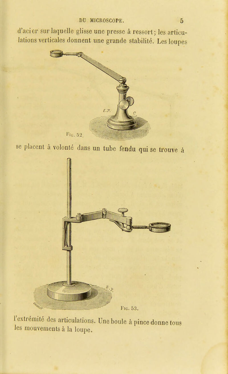 d'acier sur laquelle glisse une presse à ressort; les articu- lations verticales donnent une grande stabilité. Les loupes se l'extrémité des articulations. Une boule à pince donne tous les mouvements à la loupe.