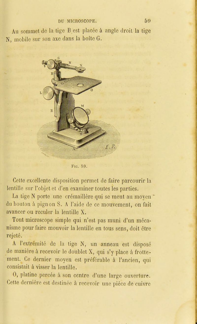 Au sommet de la lige B est placée à angle droit la lige N, mobile sur son axe dans la boîte G. Fir.. 59. Celte excellente disposition permet de faire parcourir la lentille sur l'objet et d'en examiner toutes les parties. La tige N porte une crémaillère qui se meut au moyen du boulon à pignon S. A l'aide de ce mouvement, on fait avancer ou reculer la lentille X. Tout microscope simple qui n'est pas muni d'un méca- nisme pour faire mouvoir la lentille en tous sens, doit être rejeté. A l'extrémité de la tige N, un anneau est disposé de manière à recevoir le doublet X, qui s'y place à frotte- ment. Ce dernier moyen est préférable à l'ancien, qui consistait à visser la lentille. 0, platine percée à son centre d'une large ouverture. Cette dernière est destinée à recevoir une pièce de cuivre