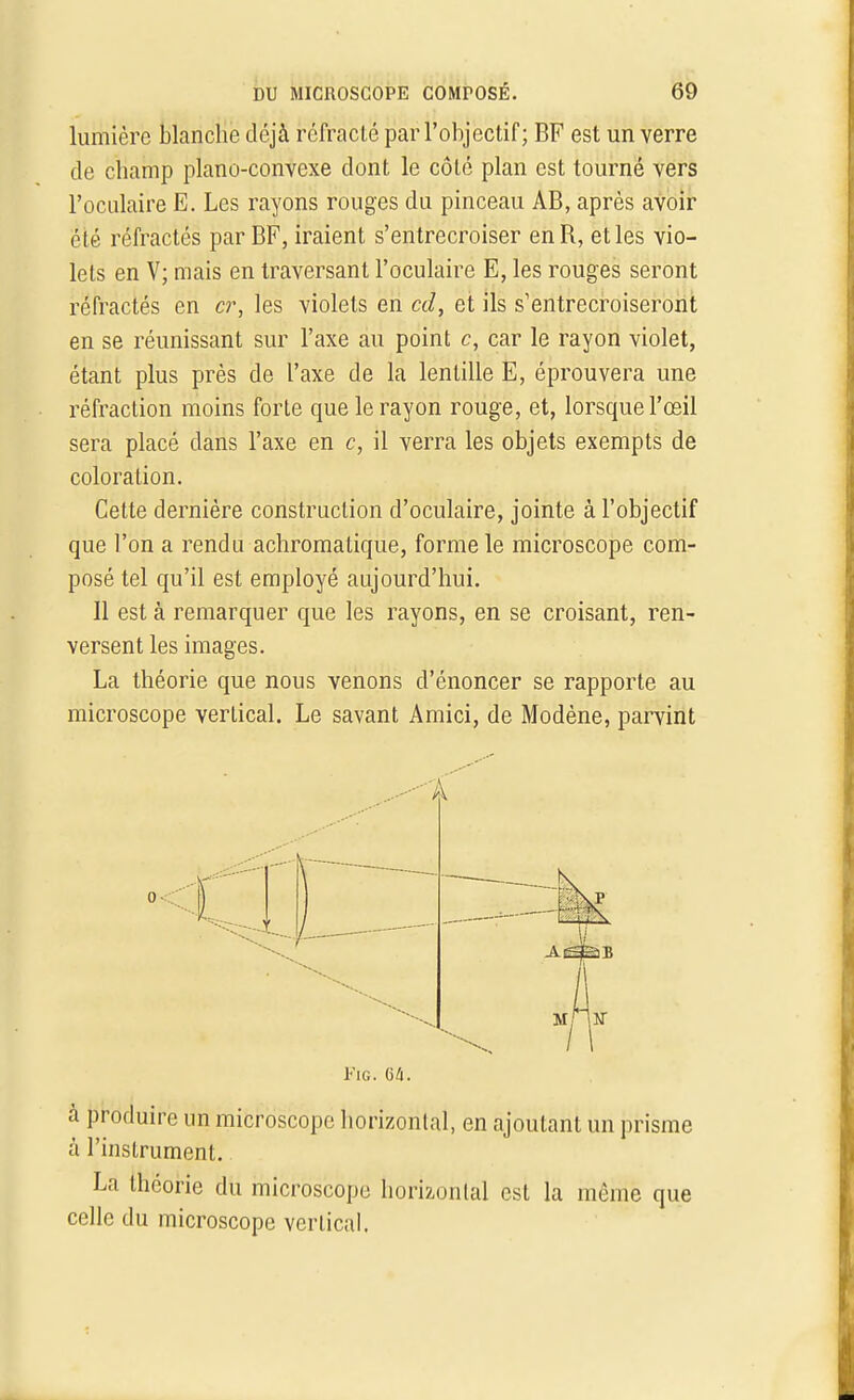 lumière blanche déjà réfracté par l'objectif; BF est un verre de champ piano-convexe dont le côté plan est tourné vers l'oculaire E. Les rayons rouges du pinceau AB, après avoir été réfractés par BF, iraient s'entrecroiser enR, et les vio- lets en V; mais en traversant l'oculaire E, les rouges seront réfractés en cr, les violets en cd, et ils s'entrecroiseront en se réunissant sur l'axe au point c, car le rayon violet, étant plus près de l'axe de la lentille E, éprouvera une réfraction moins forte que le rayon rouge, et, lorsque l'œil sera placé dans l'axe en c, il verra les objets exempts de coloration. Cette dernière construction d'oculaire, jointe à l'objectif que l'on a rendu achromatique, forme le microscope com- posé tel qu'il est employé aujourd'hui. Il est à remarquer que les rayons, en se croisant, ren- versent les images. La théorie que nous venons d'énoncer se rapporte au microscope vertical. Le savant Amici, de Modène, parvint Fig. 64. à produire un microscope horizontal, en ajoutant un prisme à l'instrument. La théorie du microscope horizontal est la môme que celle du microscope vertical.