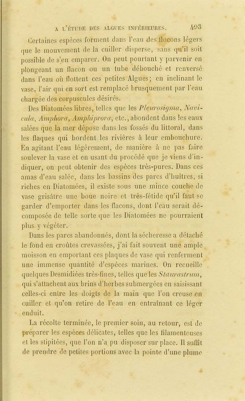 Certaines espèces forment clans l'eau des flocons légers que le mouvement de la cuiller disperse, sans qu'il soil possible de s'en emparer. On peut pourtant y parvenir en plongeant un flacon ou un tube débouché et renversé dans l'eau où flottent ces petites Algues; en inclinant, le vase, l'air qui en sort est remplacé brusquement par l'eau chargée des corpuscules désirés. Des Diatomées libres, telles que les P/eurosigma, Navi- ciùia, Amphora, Amphiprora, etc., abondent dans les eaux- salées que la mer dépose dans les fossés du littoral, dans les flaques qui bordent les rivières à leur embouchure. En agilant l'eau légèrement, de manière à ne pas faire soulever la vase et en usant du procédé que je viens d'in- diquer, on peut obtenir des espèces très-pures. Dans ces amas d'eau salée, dans les bassins des parcs d'huîtres, si riches en Diatomées, il existe sous une mince couche de vase grisâtre une boue noire et très-fétide qu'il faut se garder d'emporter dans les flacons, dont l'eau serait dé- composée de telle sorte que les Diatomées ne pourraient plus y végéter. Dans les parcs abandonnés, dont la sécheresse a détaché le fond en croûtes crevassées, j'ai fait souvent une ample moisson en emportant ces plaques de vase qui renferment une immense quantité d'espèces marines. On recueille quelques Desmidiées très-fines, telles que les Staiirastrum, qui s'attachent aux brins d'herbes submergées en saisissant celles-ci entre les doigts de la main que l'on creuse en cuiller et qu'on retire de l'eau en entraînant ce léger enduit. La récolte terminée, le premier soin, au retour, est de préparer les espèces délicates, telles que les filamenteuses et les stipitées, que l'on n'a pu disposer sur place. Il suffît de prendre de petites portions avec la pointe d'une plume