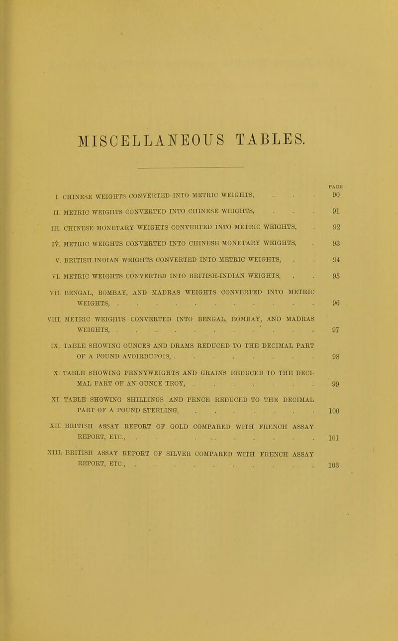 MISCELLANEOUS TABLES. PAGE I. CHINESE WEIGHTS CONVERTED INTO METRIC WEIGHTS, ... 90 II. METRIC WEIGHTS CONVERTED INTO CHINESE WEIGHTS, ... 91 III. CHINESE MONETARY WEIGHTS CONVERTED INTO METRIC WEIGHTS, . 92 IV. METRIC WEIGHTS CONVERTED INTO CHINESE MONETARY WEIGHTS, 93 V. BRITISH-INDIAN WEIGHTS CONVERTED INTO METRIC WEIGHTS, . . 94 VI. METRIC WEIGHTS CONVERTED INTO BRITISH-INDIAN WEIGHTS, . . 95 VII. BENGAL, BOMBAY, AND MADRAS WEIGHTS CONVERTED INTO METRIC WEIGHTS 96 VIII. METRIC WEIGHTS CONVERTED INTO BENGAL, BOMBAY, AND MADRAS WEIGHTS, ... 97 IX. TABLE SHOWING OUNCES AND DRAMS REDUCED TO THE DECIMAL PART OF A POUND AVOIRDUPOIS, 98 X. TABLE SHOWING PENNYWEIGHTS AND GRAINS REDUCED TO THE DECI- MAL PART OF AN OUNCE TROY, 99 XI. TABLE SHOWING SHILLINGS AND PENCE REDUCED TO THE DECIMAL PART OF A POUND STERLING, ... .... 100 XII. BRITISH ASSAY REPORT OF GOLD COMPARED WITH FRENCH ASSAY REPORT, ETC. 101 XIII. BRITISH ASSAY REPORT OF SILVER COMPARED WITH FRENCH ASSAY REPORT, ETC. 103