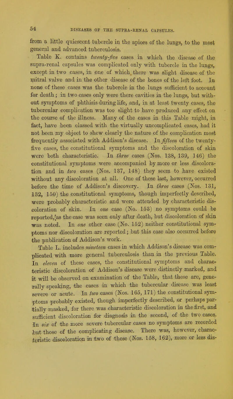 from a little quiescent tubercle in the apices of the lungs, to the most general and advanced tuberculosis. Table K. contains twenty-five cases in which the disease of the supra-renal capsules was complicated only -with tubercle in the lungs, except in two cases, in one of which there was slight disease of the mitral valve and in the other disease of the bones of the left foot. In none of these cases was the tubercle in the lungs sufficient to account for death; in two cases only were there cavities in the lungs, but with- out symptoms of phthisis during life, and, in at least twenty cases, the tubercular complication was too slight to have produced any effect on the course of the illness. Many of the cases in this Table might, in fact, have been classed with the virtually uncomplicated cases, had it not been my object to shew clearly the nature of the complication most frequently associated with Addison's disease. In fifteen of the twenty- five cases, the constitutional symptoms and the discoloration of skin were both characteristic. In three cases (Nos. 138, 139, 146) the constitutional symptoms were accompanied by more or less discolora- tion and in two cases (Nos. 137, 148) they seem to have existed without any discoloration at all. One of these last, however, occurred before the time of Addison's discovery. In tJtree cases (Nos. 131, 132, 150) the constitutional symptoms, though imperfectly described, were probably characteristic and were attended by characteristic dis- coloration of skin. In one case (No. 153) no symptoms could be reported, [as the case was seen only after death, but discoloration of skin ■was noted. In one other case (No. 152) neither constitutional sym- j)toms nor discoloration are reported; but this case also occurred before 4iie publication of Addison's work. Taible L. includes nineteen cases in which Addison's disease was com- plicated with more general tuberculosis than in the previous Table. In eleven of these cases, the constitutional symptoms and chai-ac- teristic discoloration of Addison's disease were distinctly marked, and it will be observed on examination of the Table, that these are, gene- rally speaking, the cases in which the tubercular disease was least severe or acute. In two cases (ISTos. 165, 171) the constitutional sym- ptoms probably existed, though imperfectly described, or perhaps par- tially masked, for there was chai-acteristic discoloration in thefii'st, and sufficient discoloration for diagnosis in the second, of the two cases. In six of the more severe tubercular cases no symptoms are recorded hut those of the complicating disease. There was, however, charac- iti>riBtic discoloration in two of these (Nos. 158, 162), more or less dis-