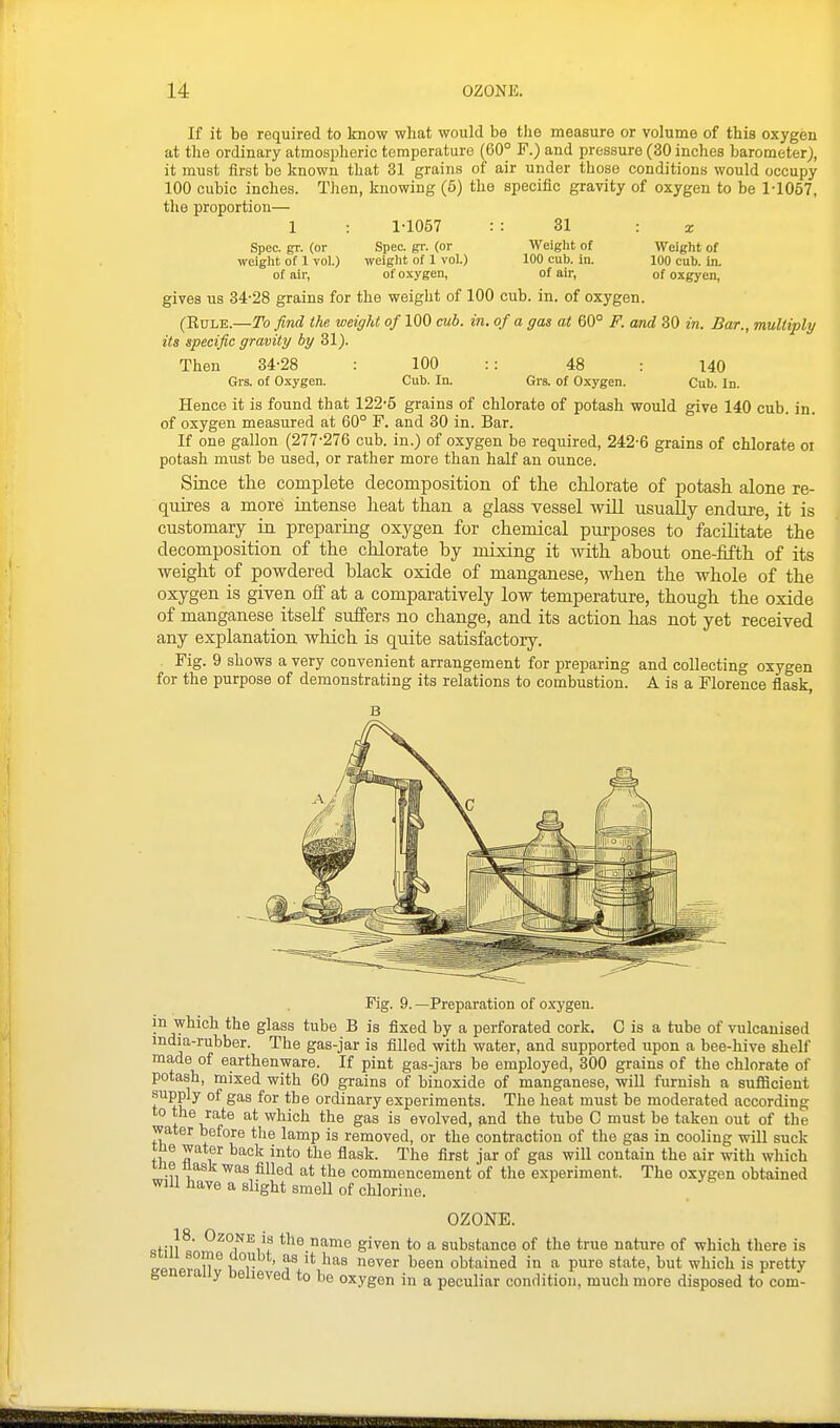 If it be required to know what would be the measure or volume of this oxygen at the ordinary atmospheric temperature (60° F.) and pressure (30 inches barometer), it must first be known that 31 grains of air under those conditions would occupy 100 cubic inches. Then, knowing (6) the specific gravity of oxygen to be 1-1057, the proportion— 1 : 1-1057 : : 31 : x Spec. gr. (or Spec. gt. (or Weight of Weight of weight of 1 vol.) weight of 1 vol.) 100 cub. in. 100 cub. in. of air, of oxygen, of air, of oxgyen, gives us 34-28 grains for the weight of 100 cub. in. of oxygen. (EuLE.—To find the weight of 100 cub. in. of a gas at 60° F. and 80 in. Bar., multiply its specific gravity by 31). Then 34-28 : 100 :: 48 : 140 Grs. of Oxygen. Cub. In. Grs. of Oxygen. Cub. In. Hence it is found that 122-5 grains of chlorate of potash would give 140 cub. in. of oxygen measured at 60° F. and 30 in. Bar. If one gallon (277-276 cub. in.) of oxygen be required, 242-6 grains of chlorate or potash must be used, or rather more than half an ounce. Since the complete decomposition of the chlorate of potash alone re- quires a more intense heat than a glass vessel will usually endure, it is customary in preparing oxygen for chemical purposes to facilitate the decomposition of the chlorate by mixing it with about one-fifth of its weight of powdered black oxide of manganese, when the whole of the oxygen is given off at a comparatively low temperature, though the oxide of manganese itself suffers no change, and its action has not yet received any explanation which is quite satisfactory. Fig. 9 shows a very convenient arrangement for preparing and collecting oxygen for the purpose of demonstrating its relations to combustion. A is a Florence flask Fig. 9. —Preparation of oxygen, m which the glass tube B is fixed by a perforated cork. C is a tube of vulcanised india-rubber. The gas-jar is filled with water, and supported upon a bee-hive shelf made of earthenware. If pint gas-jars be employed, 300 grains of the chlorate of potash, mixed with 60 grains of binoxide of manganese, wiU furnish a sufficient supply of gas for the ordinary experiments. The heat must be moderated according to the rate at which the gas is evolved, ^nd the tube C must be taken out of the water before the lamp is removed, or the contraction of the gas in cooling will suck tue water back into the flask. The first jar of gas will contain the air with which me iiask was filled at the commencement of the experiment. The oxygen obtained will have a slight smell of chlorine. OZONE. 18. Ozone is the name given to a substance of the true nature of which there is linp u ° 1 r ' f '^^^ ^^^^^ ^^'^'^ obtained in a pure state, but which is pretty generally believed to be oxygen in a peculiar condition, much more disposed to com-