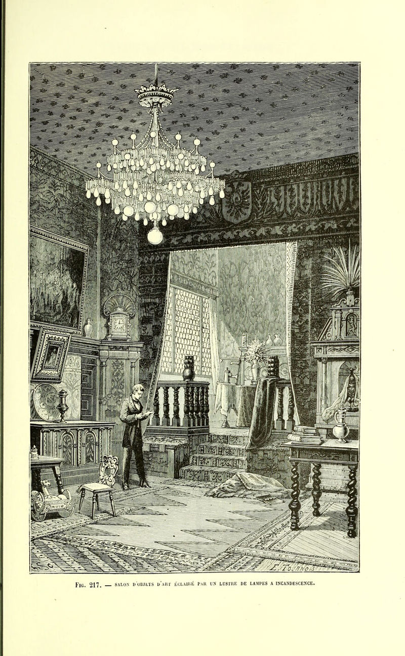 FlG. 217. SALON D UBJLTS u'aRÏ ÉCLAIRÉ PAR UN LUSTRE DE LAMPES A INCANDESCENCE.