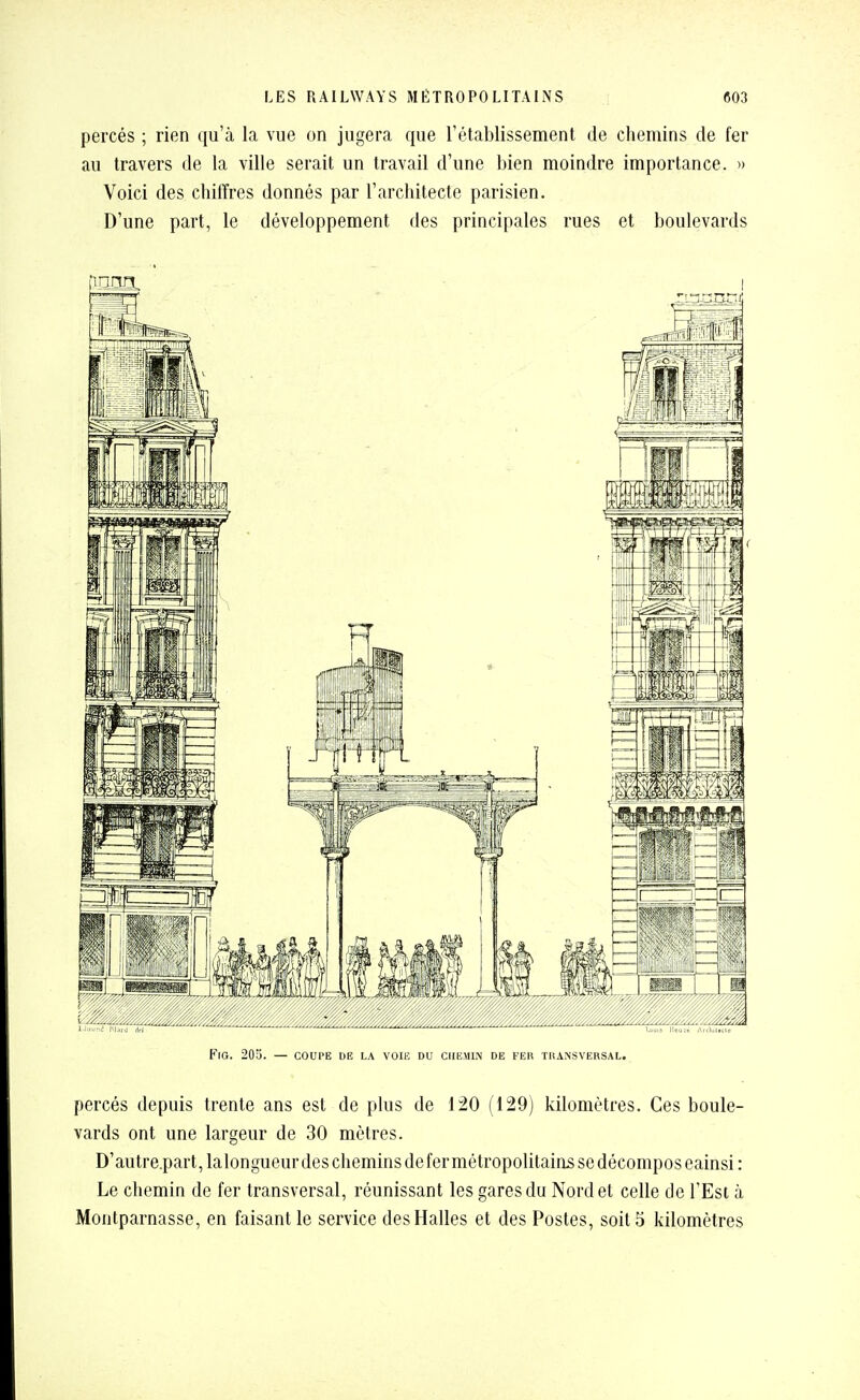 percés ; rien qu'à la vue on jugera que l'établissement de chemins de fer au travers de la ville serait un travail d'une bien moindre importance. » Voici des chiffres donnés par l'architecte parisien. D'une part, le développement des principales rues et boulevards FlO. 205. — COUPE DE LA VOIE DU CHEMIN DE FER TU ANS VEKSAL. percés depuis trente ans est de plus de 120 (129) kilomètres. Ces boule- vards ont une largeur de 30 mètres. D'autre.part, lalongueur des chemins defermétropolitains se décompos eainsi : Le chemin de fer transversal, réunissant les gares du Nord et celle de l'Est à Montparnasse, en faisant le service des Halles et des Postes, soit 5 kilomètres