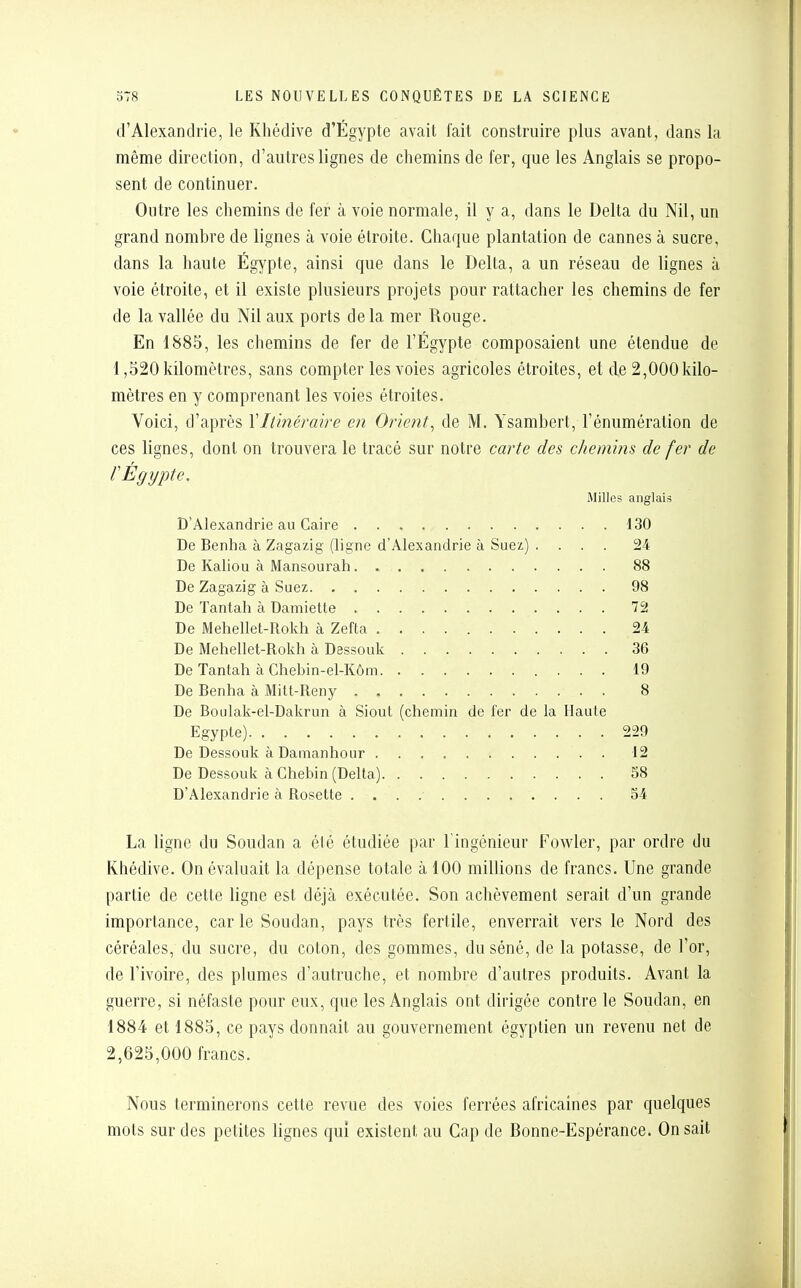 d'Alexandrie, le Khédive d'Égypte avait fait construire plus avant, dans la même direction, d'autres lignes de chemins de fer, que les Anglais se propo- sent de continuer. Outre les chemins de fer à voie normale, il y a, dans le Delta du Nil, un grand nombre de lignes à voie étroite. Chaque plantation de cannes à sucre, dans la haute Égypte, ainsi que dans le Delta, a un réseau de lignes à voie étroite, et il existe plusieurs projets pour rattacher les chemins de fer de la vallée du Nil aux ports delà mer Rouge. En 1885, les chemins de fer de l'Egypte composaient une étendue de 1,520 kilomètres, sans compter les voies agricoles étroites, et de 2,000kilo- mètres en y comprenant les voies étroites. Voici, d'après VItinéraire en Orient, de M. Ysambert, l'énumération de ces lignes, dont on trouvera le tracé sur notre carte des chemins de fer de F Egypte. Milles anglais D'Alexandrie au Caire 130 De Benha à Zagazig (ligne d'Alexandrie à Suez) .... 24 De Kaliou à Mansourah 88 De Zagazig à Suez 98 De Tantah à Damiette 72 De Mehellet-Rokh à Zefta 24 De Mehellet-Rokh à Dessouk 36 De Tantah à Chebin-el-Kôm 19 De Benha à Mitt-Reny . 8 De Boulak-el-Dakrun à Siout (chemin de fer de la Haute Egypte) 229 De Dessouk à Damanhour 12 De Dessouk à Chebin (Delta) 58 D'Alexandrie à Rosette 54 La ligne du Soudan a été étudiée par l'ingénieur Fowler, par ordre du Khédive. On évaluait la dépense totale à 100 millions de francs. Une grande partie de cette ligne est déjà exécutée. Son achèvement serait d'un grande importance, car le Soudan, pays très fertile, enverrait vers le Nord des céréales, du sucre, du coton, des gommes, du séné, de la potasse, de l'or, de l'ivoire, des plumes d'autruche, et nombre d'autres produits. Avant la guerre, si néfaste pour eux, que les Anglais ont dirigée contre le Soudan, en 1884 et 1885, ce pays donnait au gouvernement égyptien un revenu net de 2,625,000 francs. Nous terminerons cette revue des voies ferrées africaines par quelques mots sur des petites lignes qui existent au Cap de Bonne-Espérance. On sait