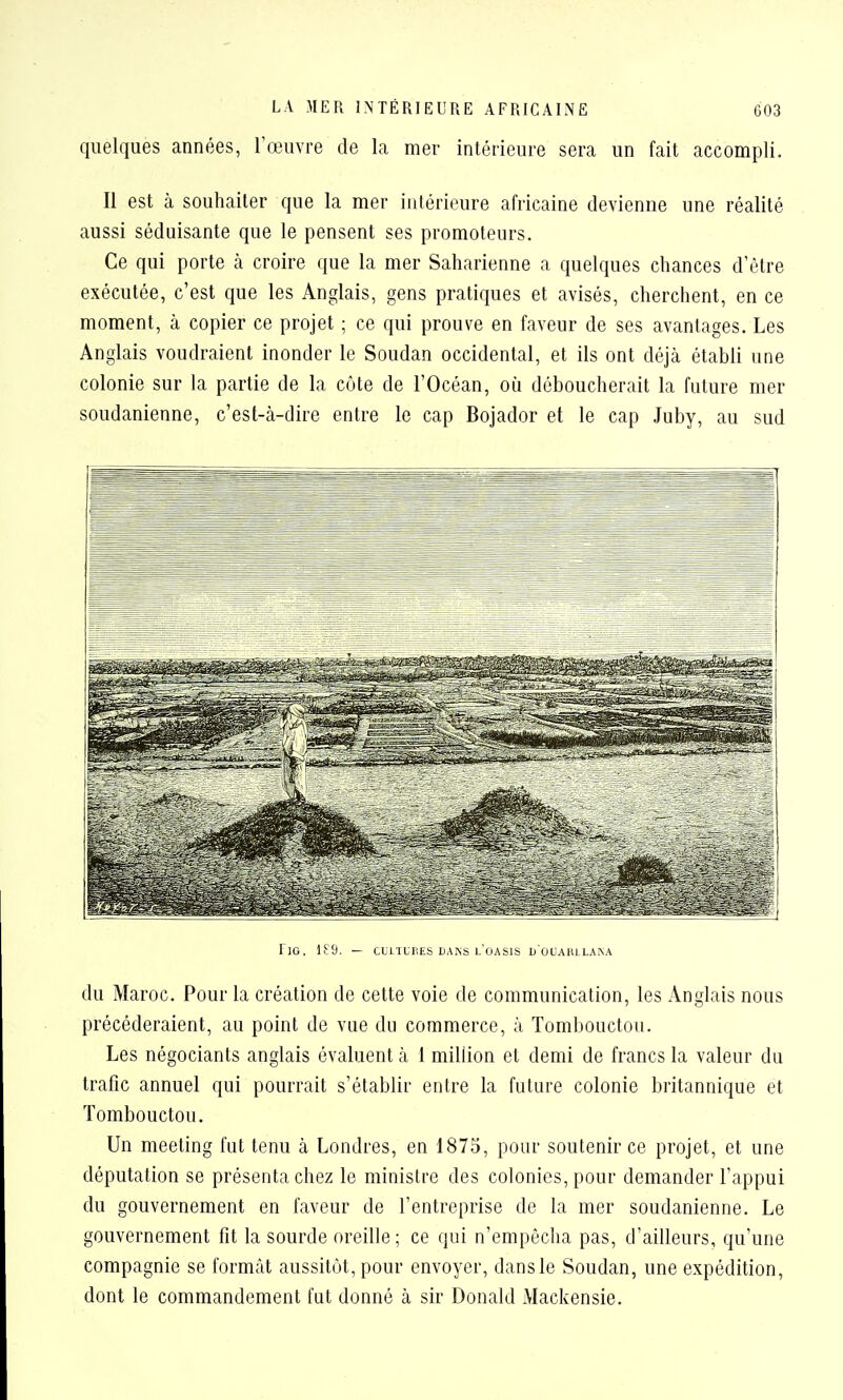 accompli. Il est à souhaiter que la mer intérieure africaine devienne une réalité aussi séduisante que le pensent ses promoteurs. Ce qui porte à croire que la mer Saharienne a quelques chances d'être exécutée, c'est que les Anglais, gens pratiques et avisés, cherchent, en ce moment, à copier ce projet ; ce qui prouve en faveur de ses avantages. Les Anglais voudraient inonder le Soudan occidental, et ils ont déjà établi une colonie sur la partie de la côte de l'Océan, où déboucherait la future mer soudanienne, c'est-à-dire entre le cap Bojador et le cap Juby, au sud riG. — CLLIUHES DANS l'oasis U ÛUAHLLAISA du Maroc. Pour la création de cette voie de communication, les Anglais nous précéderaient, au point de vue du commerce, à Tombouctou. Les négociants anglais évaluent à 1 million et demi de francs la valeur du trafic annuel qui pourrait s'établir entre la future colonie britannique et Tombouctou. Un meeting fut tenu à Londres, en 1875, pour soutenir ce projet, et une députation se présenta chez le ministre des colonies, pour demander l'appui du gouvernement en faveur de l'entreprise de la mer soudanienne. Le gouvernement fît la sourde oreille; ce qui n'empêcha pas, d'ailleurs, qu'une compagnie se formât aussitôt, pour envoyer, dansle Soudan, une expédition, dont le commandement fut donné à sir Donald jVIackensie.