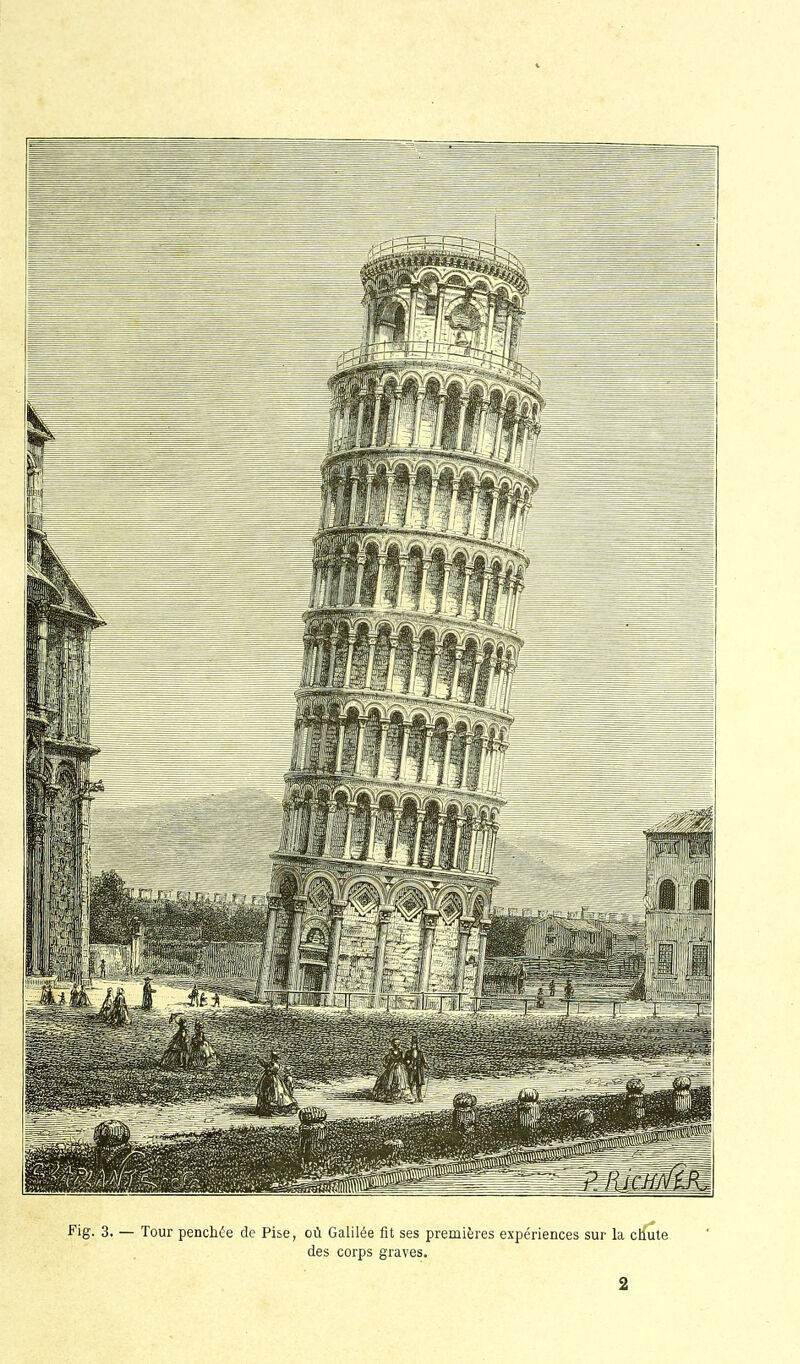 Fig. 3. — Tour penchée de Pise, où Galilée fit ses premières expériences sur la chute des corps graves. 2