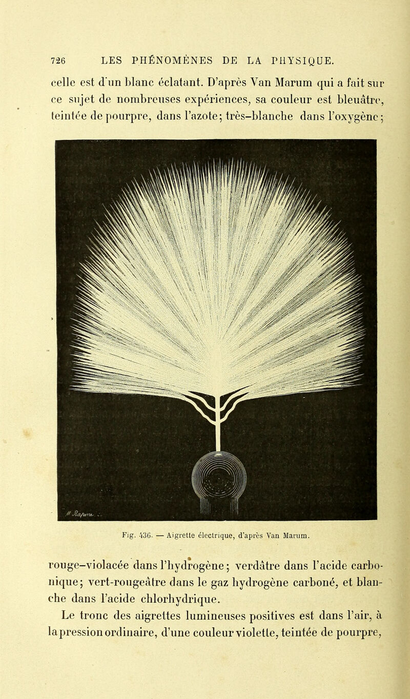 celle est d'un blanc éclatant. D'après Van Marum qui a fait sur ce sujet de nombreuses expériences, sa couleur est bleuâtre, teintée de pourpre, dans l'azote; très-blanche dans l'oxygène; Fig. -'iSG- — Aigrette électrique, d'après Van Marum. rouge-violacée dans l'hydrogène ; verdâtre dans l'acide carbo- nique; vert-rougeâtre dans le gaz hydrogène carboné, et blan- che dans l'acide chlorhydrique. Le tronc des aigrettes lumineuses positives est dans l'air, à la pression ordinaire, d'une couleur violette, teintée de pourpre.