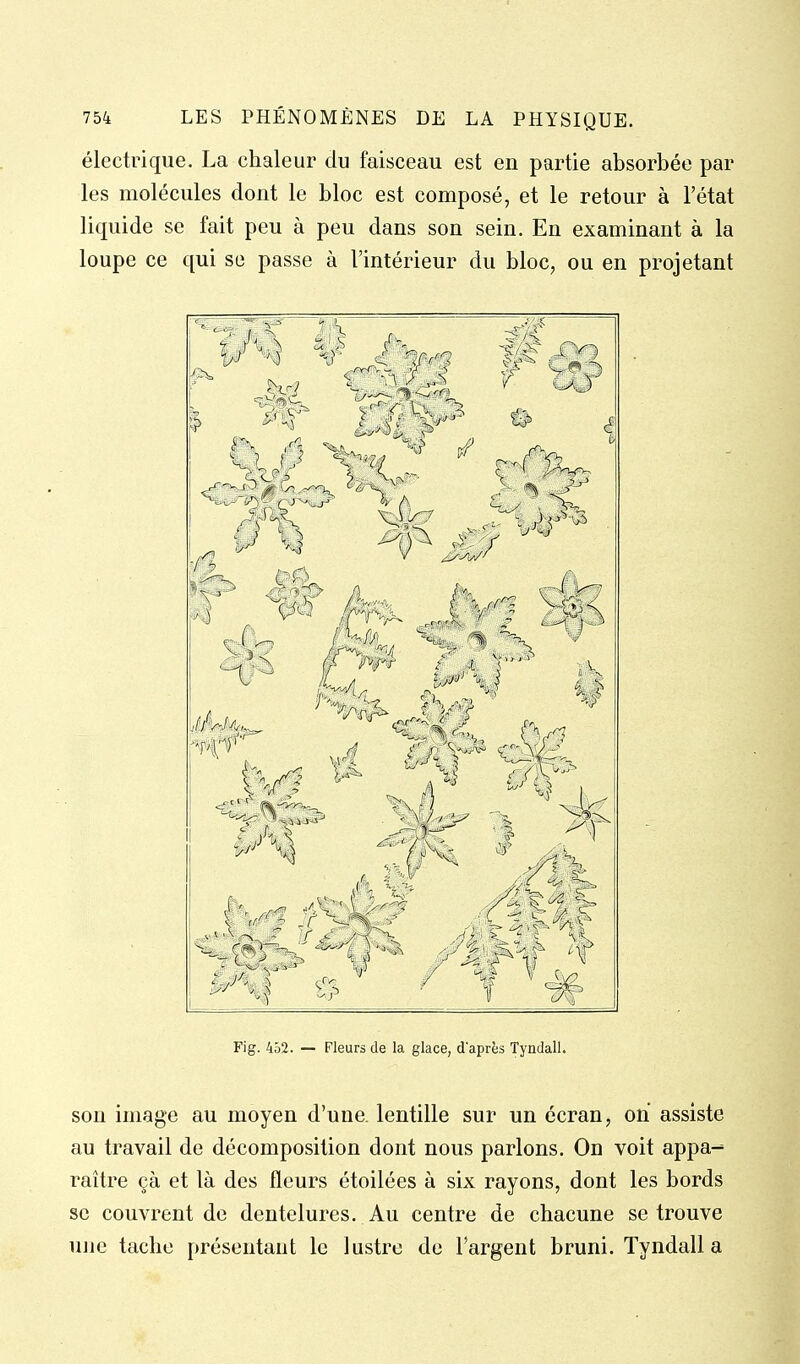 électrique. La chaleur du faisceau est en partie absorbée par les molécules dont le bloc est composé, et le retour à l'état liquide se fait peu à peu dans son sein. En examinant à la loupe ce qui se passe à l'intérieur du bloc, ou en projetant '-r lit r--^^ ^(^'^ 11 Fig. 452. — Fleurs de la glace, d'après Tyndall. son image au moyen d'une, lentille sur un écran, on assiste au travail de décomposition dont nous parlons. On voit appa- raître çà et là des fleurs étoilées à six rayons, dont les bords se couvrent de dentelures. Au centre de chacune se trouve ujic tache présentant le lustre de l'argent bruni. Tyndall a