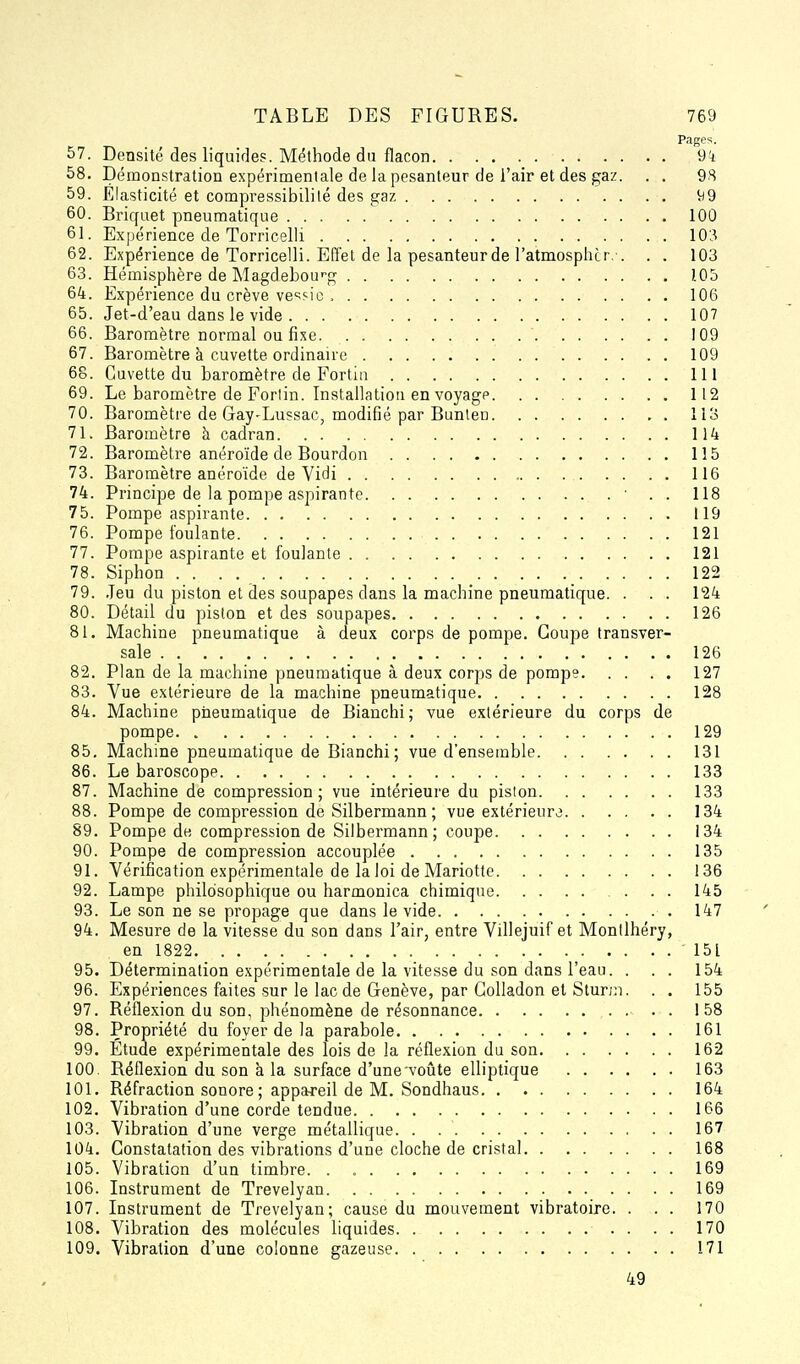 Pages. 57. Densité des liquides. Méthode du flacon 9i 58. Démonstration expérimentale de la pesanteur de l'air et des gaz. . . 98 59. Elasticité et compressibililé des gaz Vf9 60. Briquet pneumatique 100 61. Expérience de Torricelli 103 62. Expérience de Torricelli. Effet de la pesanteur de l'atmosphcr, . . . 103 63. Hémisphère de Magdebou'-g 105 64. Expérience du crève ve'îsio 106 65. Jet-d'eau dans le vide 107 66. Baromètre normal ou fixe 109 67. Baromètre à cuvette ordinaire 109 68. Cuvette du baromètre de Fortin 111 69. Le baromètre de Forlin. Installation en voyage 112 70. Baromètre de Gay-Lussac, modifié par Bunten 113 71. Baromètre à cadran 114 72. Baromètre anéroïde de Bourdon 115 73. Baromètre anéroïde de Vidi 116 74. Principe de la pompe aspirante ■ . . 118 75. Pompe aspirante 119 76. Pompe foulante 121 77. Pompe aspirante et foulante 121 78. Siphon . . . 122 79. Jeu du piston et des soupapes dans la machine pneumatique. . . . 124 80. Détail du piston et des soupapes 126 81. Machine pneumatique à deux corps de pompe. Coupe transver- sale 126 82. Plan de la machine pneumatique à deux corps de pompe 127 83. Vue extérieure de la machine pneumatique 128 84. Machine pneumatique de Blanchi; vue extérieure du corps de pompe 129 85. Machine pneumatique de Bianchi; vue d'ensemble 131 86. Le baroscope 133 87. Machine de compression; vue intérieure du pision 133 88. Pompe de compression de Silbermann ; vue extérieure 134 89. Pompe de, compression de Silbermann; coupe 134 90. Pompe de compression accouplée 135 91. Vérification expérimentale de la loi de Mariotte 136 92. Lampe philosophique ou harmonica chimique . . . 145 93. Le son ne se propage que dans le vide 147 94. Mesure de la vitesse du son dans l'air, entre Villejuif et Monllhéry, en 1822 151 95. Détermination expérimentale de la vitesse du son dans l'eau. . . . 154 96. Expériences faites sur le lac de Genève, par Golladon et Stunn. . . 155 97. Réflexion du son, phénomène de résonnance 158 98. Propriété du foyer de la parabole 161 99. Etude expérimentale des lois de la réflexion du son 162 100. Réflexion du son à la surface d'une voûte elliptique 163 101. Réfraction sonore; appareil de M. Sondhaus 164 102. Vibration d'une corde tendue 166 103. Vibration d'une verge métallique 167 104. Constatation des vibrations d'une cloche de cristal 168 105. Vibration d'un timbre. . 169 106. Instrument de Trevelyan 169 107. Instrument de Trevelyan; cause du mouvement vibratoire. . . . 170 108. Vibration des molécules liquides 170 109. Vibration d'une colonne gazeuse 171 49