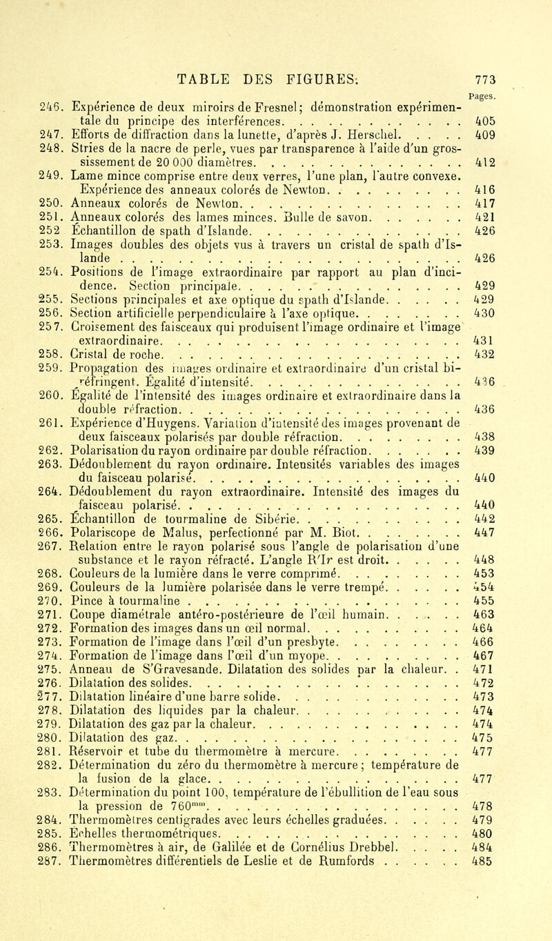 Pages. 246. Expérience de deux miroirs de Fresnel ; démonstration expérimen- tale du principe des interférences 405 247. Efforts de diffraction dans la lunette, d'après J. Herscliel 409 248. Stries de la nacre de perle, vues par transparence à l'aide d'un gros- sissement de 20 000 diamètres 412 249. Lame mince comprise entre deux verres, l'une plan, l'autre convexe. Expérience des anneaux colorés de Newton 416 250. Anneaux colorés de Newton 417 251. Anneaux colorés des lames minces. Bulle de savon 421 252 Échantillon de spath d'Islande 426 253. Images doubles des objets vus à travers un cristal de spath d'Is- lande 426 254. Positions de l'image extraordinaire par rapport au plan d'inci- dence. Section principale 429 255. Sections principales et axe optique du spath d'Islande 429 256. Section artificielle perpendiculaire à l'axe optique 430 25 7. Croisement des faisceaux qui produisent l'image ordinaire et l'image extraordinaire 431 258. Cristal de roche 432 259. Propagation des ima^'-es ordinaire et extraordinaire d'un cristal bi- réfringent. Égalité d'intensité 436 260. Égalité de l'intensité des images ordinaire et extraordinaire dans la double réfraction 436 261. Expérience d'Huygens. Variation d'intensité des images provenant de deux faisceaux polarisés par double réfraction 438 262. Polarisation du rayon ordinaire par double réfraction 439 263. Dédoublement du rayon ordinaire. Intensités variables des images du faisceau polarisé 440 264. Dédoublement du rayon extraordinaire. Intensité des images du ^faisceau polarisé 440 265. Échantillon de tourmaline de Sibérie 442 266. Polariscope de Malus, perfectionné par M. Biot 447 267. Relation entre le rayon polarisé sous l'angle de polarisation d'une substance et le rayon réfracté. L'angle R'Ir est droit 448 268. Couleurs de la lumière dans le verre comprimé 453 269. Couleurs de la lumière polarisée dans le verre trempé 454 270. Pince à tourmaline 455 271. Coupe diamétrale antéro-postérieure de l'œil humain. . . . . . 463 272. Formation des images dans un œil normal 464 273. Formation de l'image dans l'œil d'un presbyte 466 274. Formation de l'image dans l'œil d'un myope 467 275. Anneau de S'Gravesande. Dilatation des solides par la chaleur. . 471 276. Dilatation des solides 472 277. Dilatation hnéaire d'une barre solide 473 278. Dilatation des liquides par la chaleur 474 279. Dilatation des gaz par la chaleur 474 280. Dilatation des gaz 475 281. Réservoir et tube du thermomètre à mercure 477 282. Détermination du zéro du thermomètre à mercure; température de la fusion de la glace 477 283. Détermination du point 100, température de Tébullition de l'eau sous la pression de 760 478 284. Thermomètres centigrades avec leurs échelles graduées 479 285. Échelles thermométriques 480 286. Thermomètres à air, de Galilée et de Cornélius Drebbel 484 287. Thermomètres différentiels de Leslie et de Rumfords 485