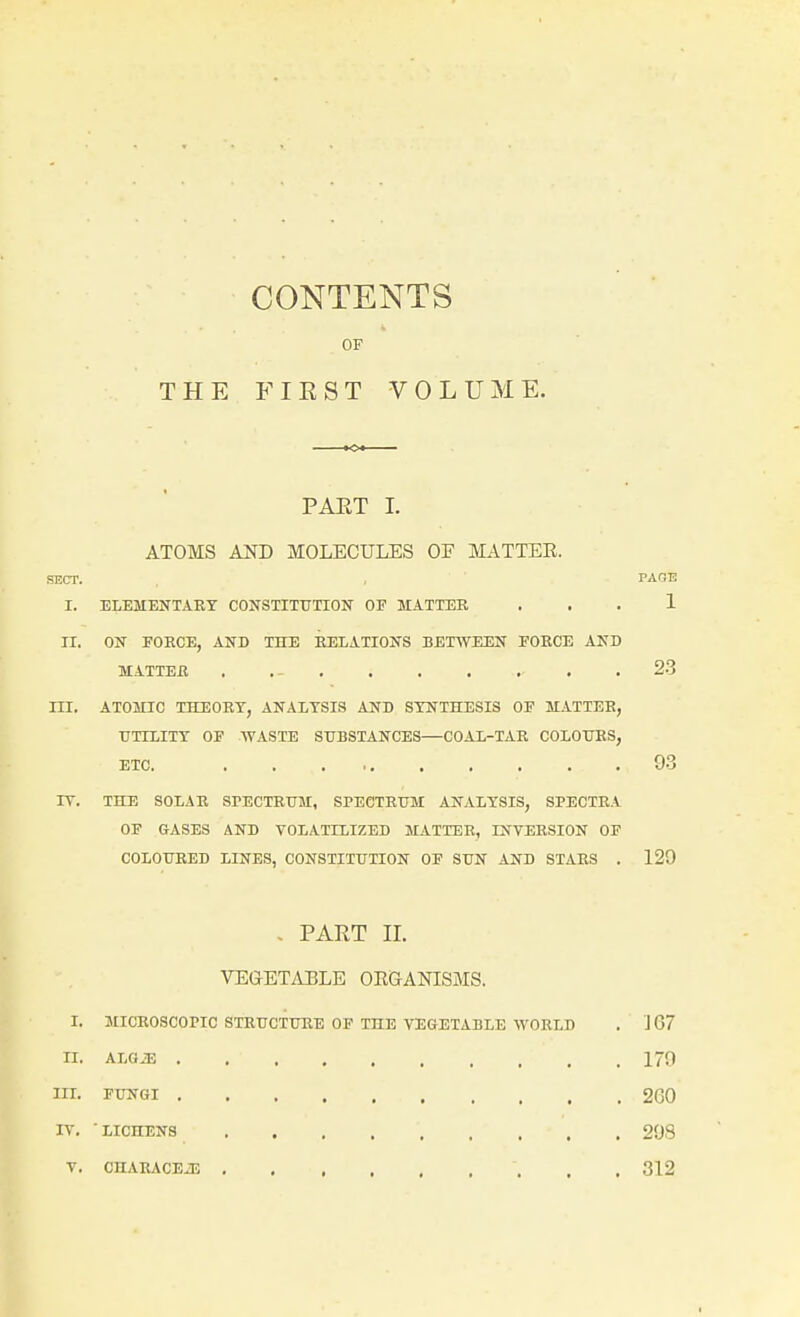 THE CONTENTS OF F IE S T VOLUME. PAET I. ATOMS AND MOLECULES OF MATTEE. SECT. PAGE I. ELEMENTARY CONSTITUTION OF MATTER 1 II. ON FORCE, AND TIIE RELATIONS BETWEEN FORCE AND MATTER , .- . 23 m. ATOMIC THEORY, ANALYSIS AND SYNTHESIS OF MATTEE, UTILITY OF WASTE SUBSTANCES—COAX-TAR COLOURS, ETC. 93 IT. THE SOLAR SPECTRUM, SPECTRUM ANALYSIS, SPECTRA OF GASES AND VOLATILIZED MATTER, INVERSION OF COLOURED LINES, CONSTITUTION OF SUN AND STARS . 129 . PART II. VEGETABLE OKGANISMS. I, MICROSCOPIC STRUCTURE OF THE VEGETABLE WORLD J 67 II. III. 260 IV. ■ LICHENS 298 T. 312