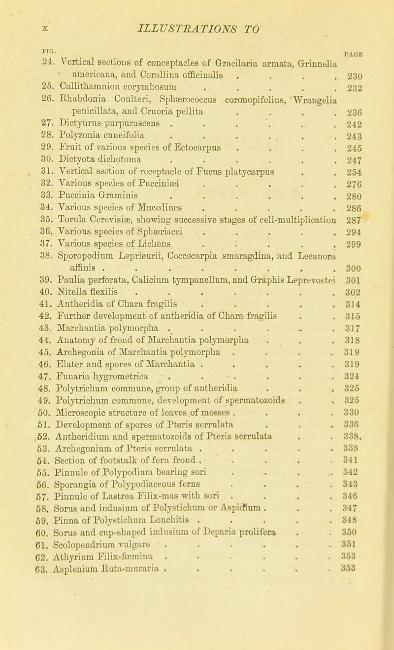 24. Vertical sectious of conceptacles of Gracilaria armata, Grinnelia • americana, and Corallina officinalis .... 230 25. Callitliamnion corymbosum . . . . . 232 26. Ehabdonia Coulteri, Sphserococcus corofnopifolius, 'Wrangelia penicillata, and Cruoria pellita .... 236 27. Dictyiu'us purpurascens . ..... 242 28. Polyzonia cuneifolia ...... 243 29. Fruit of various species of Ectocarpus .... 245 30. Dictyota dichotoma ...... 247 31. Vertical section of receptacle of Fucus platycarpus . , 254 32. Various species of Puccinisei ..... 276 33. Puccinia G-raminis ...... 280 34. Various species of Mucedines ..... 286 35. Torula Cerevisiae, sliowing successive stages of cell-multiplication 287 36. Various species of Sphseriacei . . . . . 294 37. Various species of Lichens . . . . . 299 38. Sf)oropodium Leprieurii, Coccocarpia smaragdina, and Lecanora afl&nis . . . . . . . . 300 39. Paulia perforata, Calicium tympaneUum, and Graphis Leprevostei 301 40. NiteUa flexilis . . . . . . .302 41. Antheridia of Chara fragiUs . . . . .314 42. Further doTelopment of antheridia of Chara fragilis . .315 43. Marchantia polymorpha . . . . . .317 44. Anatomy of frond of Marchantia poljmorpha . . .318 45. Archegonia of Marchantia polymorpha . . . .319 46. Elater and spores of Marchantia ..... 319 47. Funaria hygrometrica ■ , . ■ . . . . 324 48. Polytrichum commune, group of antheridia . . . 325 49. Polytrichiun commune, development of spermatozoids , . 325 60. Microscopic structure of loaves of mosses . . . . 330 61. Development of spores of Pteris serrulata . . . 336 .52. Antheridium and spermatozoids of Pteris serrulata . . 338. 63. Archegonium of Pteris serrulata ..... 338 64. Section of footstalk of fern frond . . . . .341 65. Pinnule of Polypodium bearing sori . . . . 342 56. Sporangia of Polypodiaceous ferns .... 343 67. Pinnule of Lastrea Filix-mas with sori .... 346 58. Sorus and indusium of Polystichimi or AspicKum . . . 347 69. Pinna of Polystichum Lonchitis . . . . . 348 60. Sorus and cup-shaped indusium of Deparia prolifera . 350 61. Seolopondriuni vulgare . . . . . . 351 62. Athyrium Filix-focmina ...... 353 63. Asplenium Ruta-muraria ...... 353