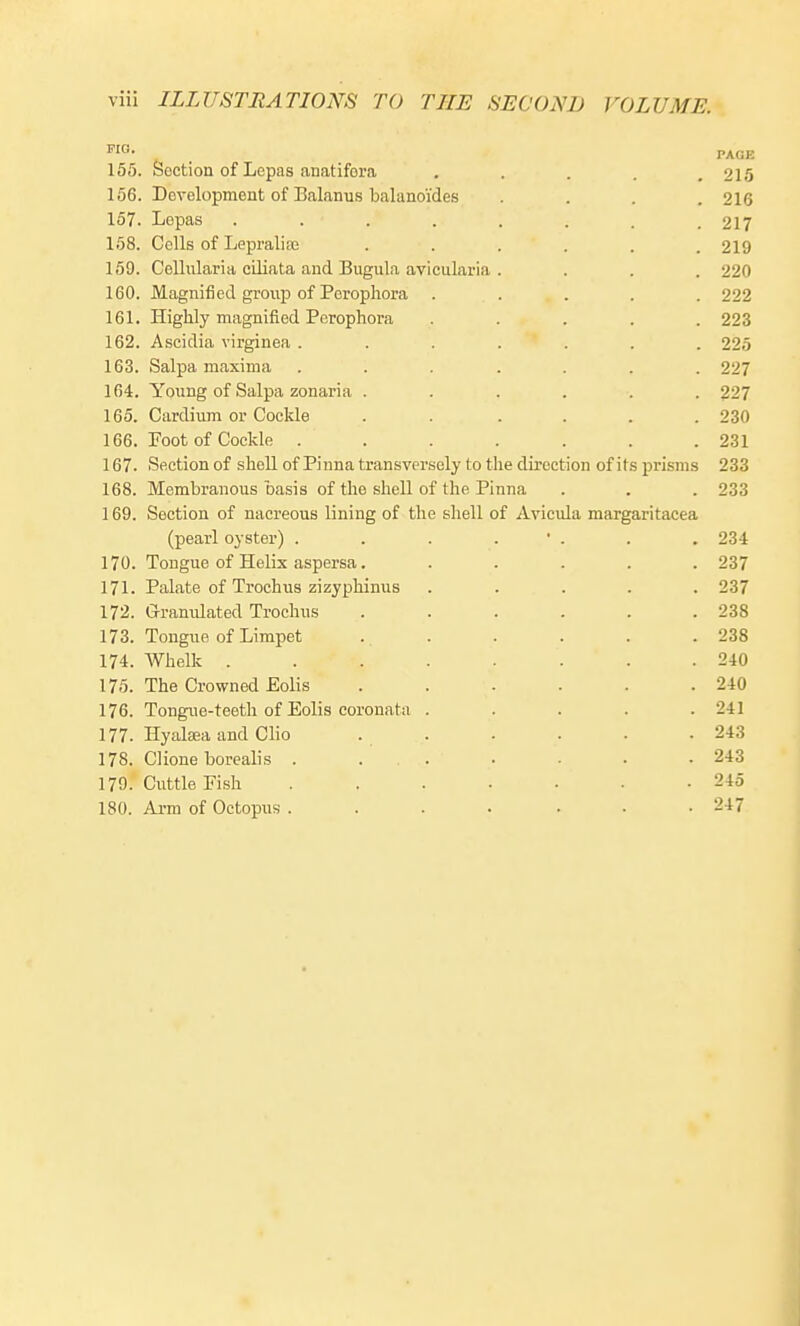 PAGE 155. Section of Lcpas anatifora • • . . . 215 156. Development of Balanus balanoi'des .... 216 157. Lepas . . . . . . . . 217 158. Cells of Lepraliaj ...... 219 159. Cellularia ciliata and Bugula avicularia . . . . 220 160. Magnified group of Pcrophora ..... 222 161. Highly magnified Perophora ..... 223 162. Ascidia virginea ....... 225 163. Salpa maxima ....... 227 164. Young of Salpa zonaria ...... 227 165. Cardium or Cockle . . .... 230 166. Foot of Cockle . . . . . . .231 167. .Section of shell of Pinna transvei-.sGly to the direction of its prisms 233 168. Membranous basis of the shell of the Pinna . . . 233 169. Section of nacreous lining of the shell of Avicula margaritacea (pearl oyster) . . . . • . . . 234 170. Tongue of Helix aspersa. ..... 237 171. Palate of Trochus zizyphinus ..... 237 172. Granidated Trochus . . . . . .238 173. Tongue of Limpet . . . . . .238 174. Whelk ........ 240 175. The Crowned Eolis . . . . . .240 176. Tongue-teeth of Eolis coronata . . . . .241 177. Hyalsea and Clio 243 178. Clione borealis . . . . . . .243 179. Cuttle Fish . . . . . ■ .245 180. Arm of Octopus .... ... 247