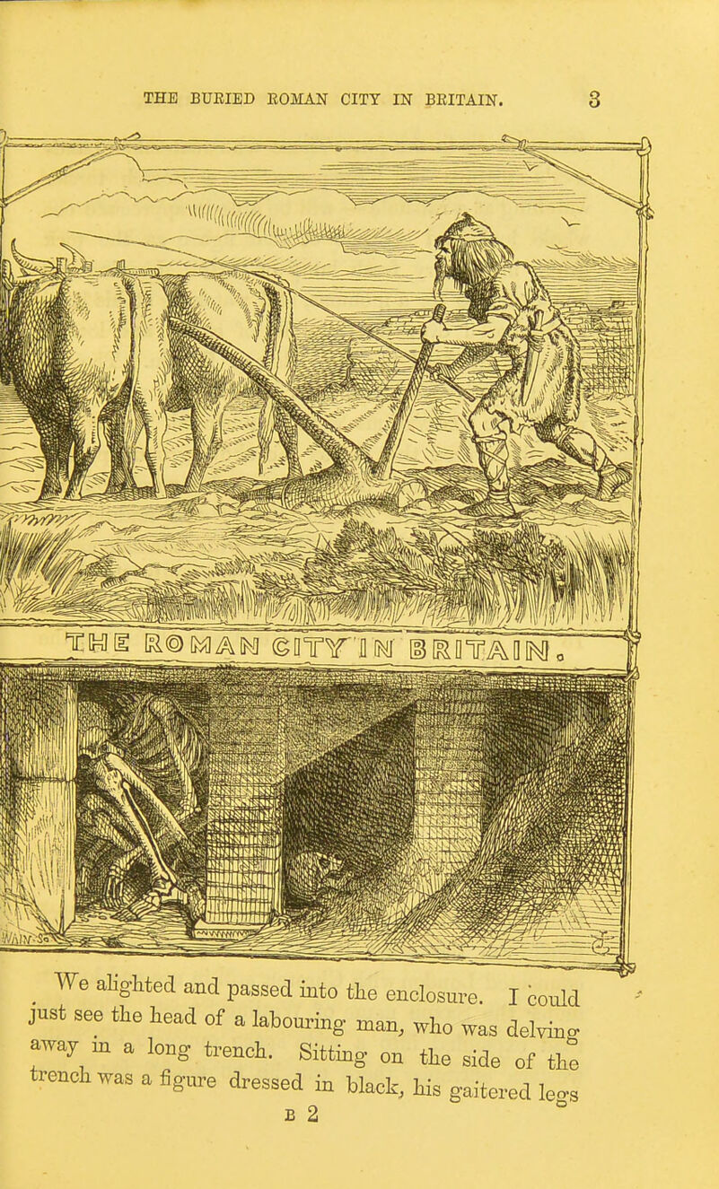 _ We alighted and passed into the enclosure. I could just see the head of a labouring man, who was delving awaj m a long trench. Sitting on the side of the trench was a figure dressed in black, his gaitered le B 2 gs