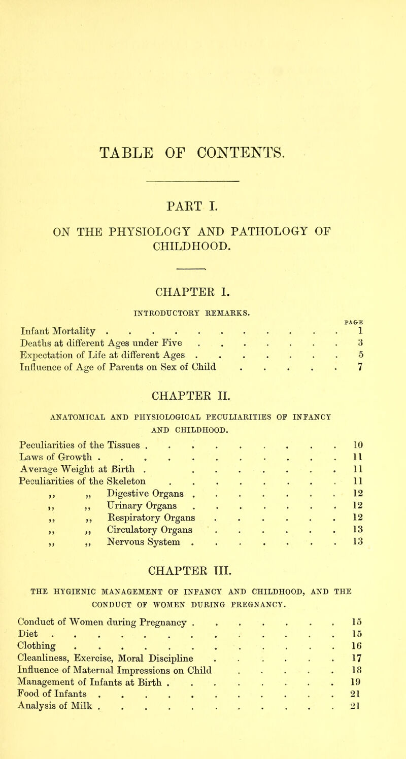 PAET I. ON THE PHYSIOLOGY AND PATHOLOGY OF CHILDHOOD. CHAPTER I. INTRODUCTORY REMARKS. PAGE Infant Mortality ........... 1 Deaths at different Ages under Five 3 Expectation of Life at different Ages 5 Influence of Age of Parents on Sex of Child 7 CHAPTER II. ANATOMICAL AND PHYSIOLOGICAL PECULIARITIES OE INFANCY AND CHILDHOOD. Peculiarities of the Tissues . . .10 Laws of Growth ....... .... 11 Average Weight at Birth . . 11 Peculiarities of the Skeleton 11 „ Digestive Organs 12 ,, Urinary Organs 12 Respiratory Organs 12 „ Circulatory Organs 13 ,, ,, Nervous System . . . . . . .13 CHAPTER TIL THE HYGIENIC MANAGEMENT OF INFANCY AND CHILDHOOD, AND THE CONDUCT OF WOMEN DURING PREGNANCY. Conduct of Women during Pregnancy . . . . . . .15 Diet 15 Clothing . . . .16 Cleanliness, Exercise, Moral Discipline 17 Influence of Maternal Impressions on Child 18 Management of Infants at Birth 19 Food of Infants 21 Analysis of Milk 21