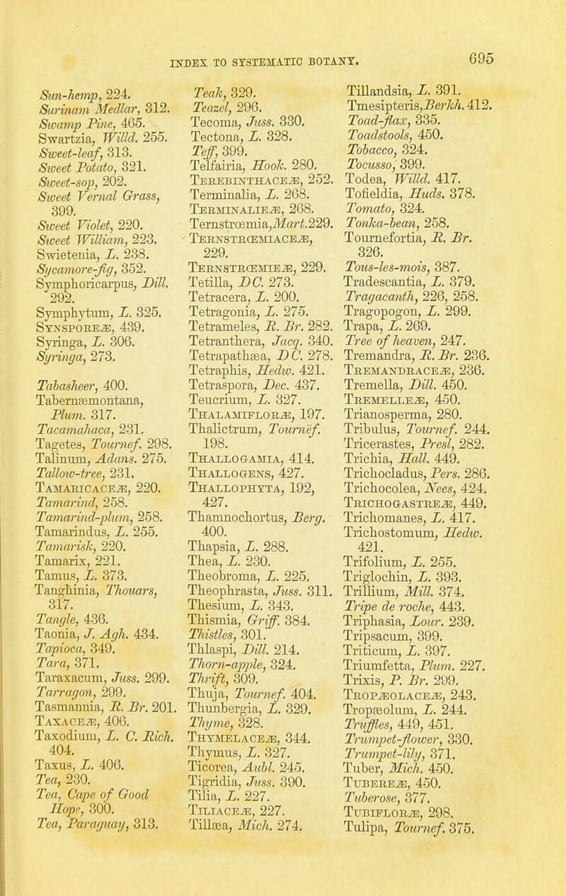 G95 Sun-hemp, 224. Surinam Medlar, 312. Swamp Pine, 465. Swartzia, Willd. 255. Sweet-leaf, 313. Sxoeet Potato, 321. Sweet-sop, 202. (Stoerf Vernal Grass, 399. Sweet Violet, 220. Sweet William, 223. Swieteuia, Z. 238. Sycamore-Jig, 352. Symphoricarpus, Z)*7£ 292. Symphytum, Z. 325. Synspoeeje, 439. Syringa, Z. 306. Syringa, 273. Tabasheer, 400. Taberniemontana, Jftim. 317. Tacamahaca, 231. Tagetes, Tournef. 298. Talinuni, Adans. 275. Talloio-tree, 231. TAMARICACEiE, 220. Tamarind, 258. Tamarind-plum, 258. Tamarindus, X. 255. Tamarisk, 220. Tamarix, 221. Tamus, Z. 373. Tanghinia, Thouars, 317. Zaw/fe, 436. Taonia, Z ^/i. 434. Tapioca, 349. Zara, 371. Taraxacum, Jim. 299. Tarragon, 299. Tasmannia, 7Z Zr. 201. TAXACEiE, 406. Taxodiimi, Z. C. Zic/j. 404. Taxus, Z. 400. Zen, 230. Tea, Cape of Good llopp, 300. Tea, Paraguay, 313. Teak, 329. r<?flseJ, 296. Tecoma, Juss. 330. Tectona, Z. 328. Teff, 399. Telfairia, TZoo/fe. 280. Terebinthaceje, 252. Ternrmalia, Z. 268. TEBMINALIEiE, 268. Ternstrcemia,M«ri;.229. Tebnstrcemiace^!, 229. Teenstbcemie^!, 229. TetiUa, DC. 273. Tetracera, Z. 200. Tetragonia, Z. 275. Tetrameles, R. Br. 282. Tetranthera, Jacq. 340. Tetrapathasa, Z>C. 278. Tetraphis, Hedw. 421. Tetraspora, Dec. 437. Teucrium, Z. 327. THALAMIFLOEiE, 197. Tkalictrum, Tournef. 198. Thallogamia, 414. Thallogens, 427. Thallophyta, 192, 427. Thamuockortus, Berg. 400. Thapsia, Z. 288. Thea, Z. 230. Theobroma, Z. 225. Theoplirasta, Juss. 311. Thesiurn, Z. 343. Thismia, Griff. 384. Z/Msfcs, 301. Thlaspi, Dill. 214. Tliorn-apple, 324. TAri/i!, 309. Thuja, Tournef. 404. Thunbergia, Z. 329. Z%»ie, 328. THYMELACEiE, 344. Thymus, Z. 327. Ticorea, Aubl. 245. Tigridia, Zwss. 390. Tilia, Z. 227. TlEIACEiE, 227. Tillasa, Mich. 274. Tillandsia, Z. 391. Tmesipteris,Ze?7>;/». 412. Toad-flax, 335. Toadstools, 450. Tobacco, 324. Tocusso, 399. Todea, Jf« 417. Tofieldia, iZwds. 378. Tomato, 324. Tonka-bean, 258. Tournefortia, Z. Zr. 326. Tous-les-mois, 387. Tradescantia, Z. 379. Tragacanth, 226, 258. Tragopogon, Z. 299. Trapa, Z. 269. Zree of heaven, 247. Tremandra, Z. Zr. 236. TrEMANDRACE2E, 236. Tremella, Dill. 450. Tremelle-E, 450. Trianosperma, 280. Tribulus, Tournef. 244. Tricerastes, Presl, 282. Trichia, 7Z«ZZ. 449. Trichocladus, Pers. 286. Trichocolea, Nees, 424. Trichogastreje, 449. Trichomaues, Z. 417. Tricbostomum, Hedw. 421. Trifolium, Z. 255. Triglochin, Z. 393. Trillium, Mill. 374. Zhjpe de roche, 443. Tripbasia, Zo«<r. 239. Tripsacum, 399. Triticum, Z. 397. Triumfetta, Plum, 227. Trixis, P. Br. 209. TBOPJEOLACEiE, 243. Tropfeolum, Z. 244. Zh#es, 449, 451. Trumpet-flower, 330. Trumpet-lily, 371. Tuber, McA. 450. TuBEBEiE, 450. Tuberose, 377. TuBIPLOBiE, 298. Tulipa, Tournef. 375.