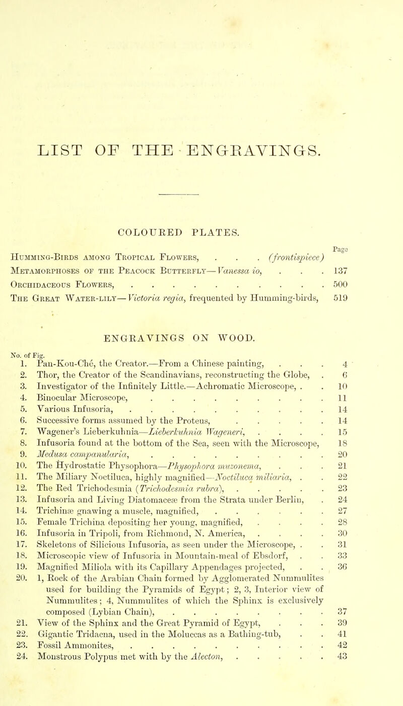 LIST OF THE ENGRAVINGS. COLOUEED PLATES. Page HuMMiNG-BiRDS AMONG TROPICAL Flowers, . . . (frontispiece) Metamorphoses of the Peacoce Butterfly—Vanessa io, . . . 137 Orchidaceous Flowers, 500 The Great Water-lily— Victoria regia, frequented by Huinming-bLrds, 519 ENGRAVINGS ON WOOD. No. of Fig. 1. Pau-Kou-Ché, the Creator.—From a Chinese painting, ... 4 2. Thor, the Creator of the Scandinavians, reconstructing the Globe, . 6 3. Investigator of the Infinitely Little.—Achromatic Microscope, . . 10 4. Binocular Microscope, . . . . . . . . .11 5. Various Infusoria, .......... 14 6. Successive forms assumed by the Proteus, ..... 14 7. Wagener's Lieberkuhnia—Lieherluhnia Wageneri, . . . .15 8. Infusoria found at the bottom of the Sea, seen with the Microscope, 18 9. Medusa campanularia, ......... 20 10. The Hydrostatic Physophora—Physophora muzonema, ... 21 11. The Miliary Noctikica, highly magnified—JVoctilucq miliaria, . . 22 12. The Red Trichodesmia (T'rî'c/ioc^eA-Hîî'a î-M&ra), 23 13. Infusoria and Living Diatomaceae fi'om the Strata under Berlin, . 24 14. Trichinœ gnawing a muscle, magnified, ...... 27 15. Female Trichina depositing her young, magnified, .... 28 IG. Infusoria in Tripoli, from Richmond, N. America, .... 30 17. Skeletons of Silicious Infusoria, as seen under the Microscope, . . 31 18. Microscopic view of Infusoria in Mountain-meal of Ebsdorf, . . 33 19. Magnified Miliola with its Capillary Appendages projected, . . 36 20. 1, Rock of the Arabian Chain formed by Agglomerated Nummulites used for building the Pyramids of Egypt ; 2, 3, Interior view of Nummulites ; 4, Nummidites of which the Sjjhinx is exclusively composed (Lybian Chain), ........ 37 21. View of the Sphinx and the Great Pyramid of Egypt, ... 39 22. Gigantic Tridacna, used in the Moluccas as a Bathing-tub, . . 41 23. Fossil Ammonites, 42 24. Monstrous Polypus met with by the Alecton, ..... 43