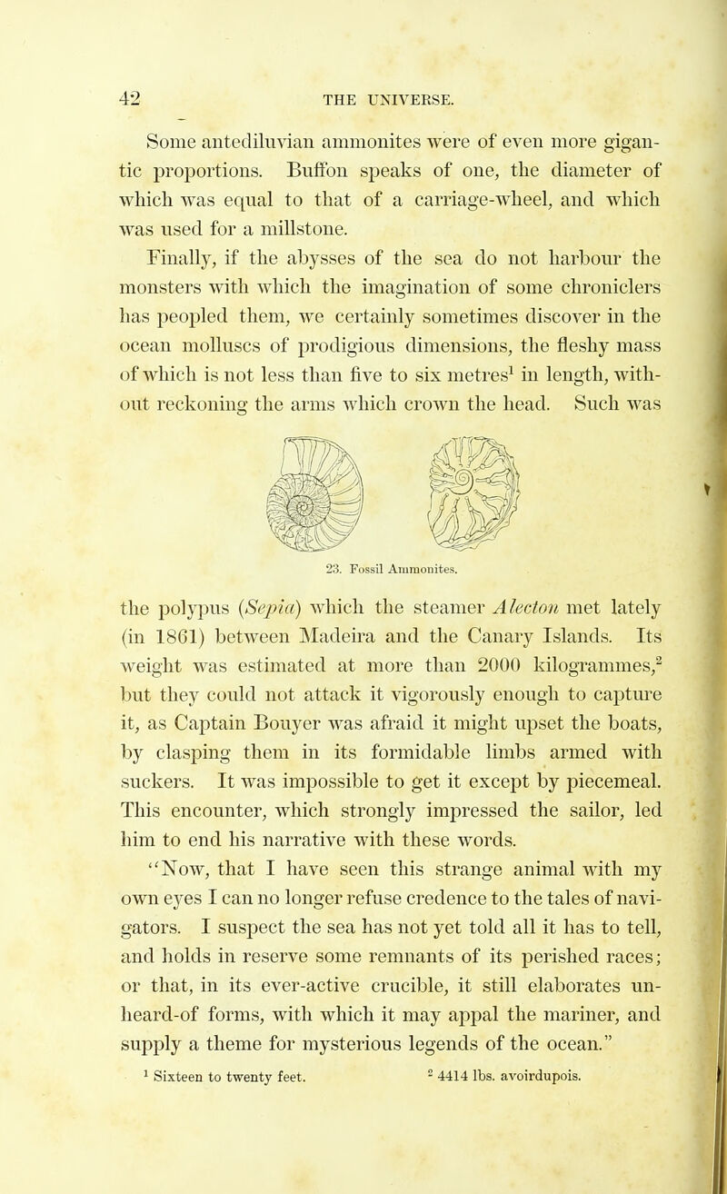 Some antediluvian ammonites were of even more gigan- tic proportions. Bufifon sjDeaks of one, the diameter of which was equal to that of a carriage-wheel, and which was used for a millstone. Finally, if the abysses of the sea do not harbour the monsters with which the imagination of some chroniclers has peopled them, we certainly sometimes discover in the ocean molluscs of prodigious dimensions, the fleshy mass of which is not less than five to six metres^ in length, with- out reckoning the arms which crown the head. Such was the polypus {Sepia) which the steamer Alecton met lately (in 1861) between Madeira and the Canary Islands. Its weight was estimated at more than 2000 kilogrammes,^ but they could not attack it vigorously enough to capture it, as Captain Bouyer was afraid it might upset the boats, by clasping them in its formidable limbs armed with suckers. It was impossible to get it except by piecemeal. This encounter, which strongly impressed the sailor, led him to end his narrative with these words. Now, that I have seen this strange animal with my own eyes I can no longer refuse credence to the tales of navi- gators. I suspect the sea has not yet told all it has to tell, and holds in reserve some remnants of its perished races ; or that, in its ever-active crucible, it still elaborates un- heard-of forms, with which it may appal the mariner, and supply a theme for mysterious legends of the ocean. ^ Sixteen to twenty feet. ^ 4414 lbs. avoirdupois. 23. Fossil Ammonites.