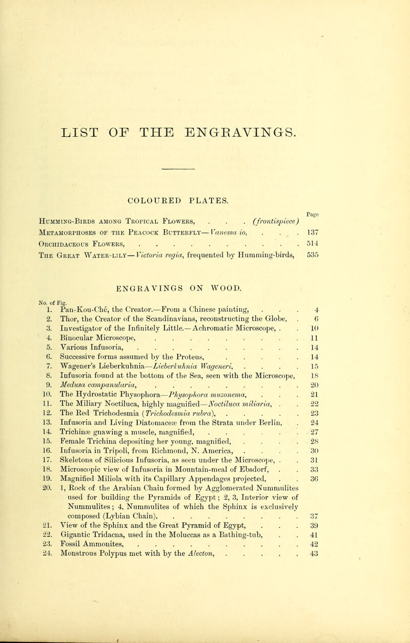 LIST OF THE ENGEAVINGS. COLOUEED PLATES. Page HuMMiNG-BiRDS AMONG TROPICAL Flowers, . . . (frontispiece) Metamorphoses of the Peacock Butterfly—Vanessa io. . . . 137 Orchidaceous Flowers, . . . . . . . . . .514 The Great Water-lily—]7c?o?'w/e^ia, frequented by Humming-birds, 535 ENGRAVINGS ON WOOD. No. of Fig. 1. Pau-Kou-Ché, the Creator.—From a Cliinese painting, 2. Tlior, the Creator of the Scandinavians, reconstructing the Globe, 3. Investigator of the Infinitely Little.—Achromatic Microscope, . ' 4. Binocular Microscope, 5. Various Infusoria, ......... 6. Successive forms assumed by the Proteus, .... 7. Wagener's Lieberkuhnia—Lieberluhnia Wageneri, 8. Infusoria found at the bottom of the Sea, seen with the Microscope, 9. Medusa cainpanularia, ........ 10. The Hydrostatic Physophora—Physophora muzonema, 11. The Miliary Noctiluca, highly magnified—Noctiluca miliaria, . 12. 'Reà Tv\Q\\oàçsm\a. {Trichodesmia rubra), .... 13. Infusoria and Living Diatomacete from the Strata under Berlin, 14. Trichiniie gnawing a muscle, magnified, .... 15. Female Trichina depositing her young, magnified, 16. Infusoria in Tripoli, from Richmond, N. America, 17. Skeletons of Silicious Infusoria, as seen under the Microscope, . 18. Microscopic view of Infusoria in Mountain-meal of Ebsdorf, 19. Magnified Miliola with its Capillary Appendages projected, 20. 1, Rock of the Arabian Chain formed by Agglomei'ated Numnudites used for building the Pyramids of Egj'pt ; 2, 3, Interior view of Nummulites ; 4, Numniulites of which the Sphinx is exclusively composed (Lybian Chain) 21. View of the Sphinx and the Great Pyramid of Egypt, 22. Gigantic Tridacua, used in the Moluccas as a Bathing-tub, 23. Fossil Ammonites, 24. Monstrous Polypus met with by the Aleeton, 4 6 10 11 14 14 15 18 20 21 22 23 24 27 28 30 31 33 36 39 41 42 43