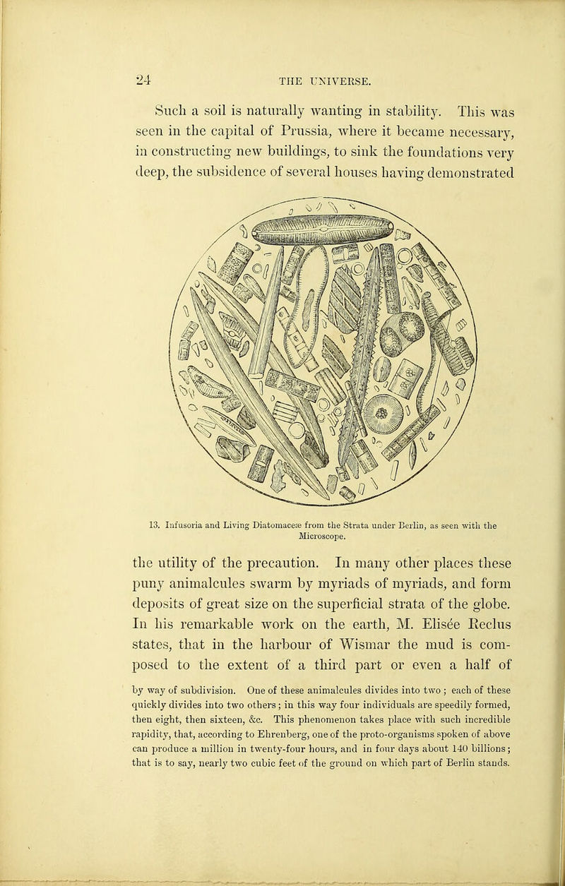 Such a soil is naturally wanting in stability. This was seen in the capital of Prussia, where it became necessary, in constructing new buildings, to sink the foundations very deep, the subsidence of several houses having demonstrated 13. Infusoria and Living Diatomaceae from tlie Strata under Berlin, as seen witli the Microscope. the utility of the precaution. In many other places these puny animalcules swarm by myriads of myriads, and form deposits of great size on the superficial strata of the globe. In his remarkable work on the earth, M. Elisée Eeclus states, that in the harbour of Wismar the mud is com- posed to the extent of a third part or even a half of by way of subdivision. One of these animalcules divides into two ; each of these quickly divides into two others ; in this way four individuals are speedily formed, then eight, then sixteen, &c. This phenomenon takes place with such incredible rapidity, that, according to Ehrenberg, one of the proto-organisms spoken of above can produce a million in twenty-four hours, and in four days about 140 billions ; that is to say, nearly two cubic feet of the ground on which part of Berlin stands.