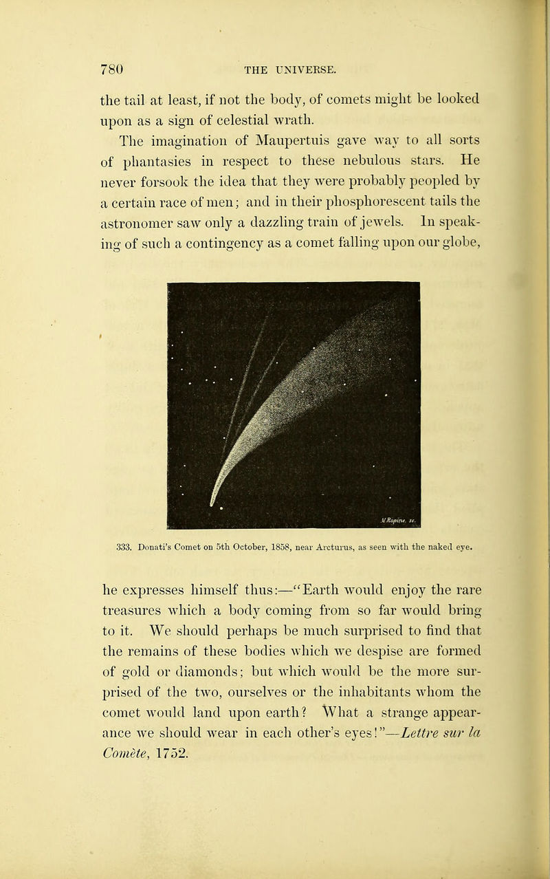 the tail at least, if not the body, of comets might be looked upon as a sign of celestial wrath. The imagination of Maupertnis gave way to all sorts of phantasies in respect to these nebulous stars. He never forsook the idea that they were probably peopled by a certain race of men; and in their phosphorescent tails the astronomer saw only a dazzling train of jewels. In speak- ing of such a contingency as a comet falling upon our globe, .333. Donati's Comet on 5tli October, 1858, near Ai'cturus, as seen with the naked eye. he expresses himself thus:—Earth would enjoy the rare treasures which a body coming from so far would bring to it. We should perhaps be much surprised to find that the remains of these bodies which w^e despise are formed of gold or diamonds ; but which w^ould be the more sur- prised of the two, ourselves or the inhabitants whom the comet would land upon earth? What a strange appear- ance we should wear in each other's eyes ! —Lettre sur la Comète, 1752.