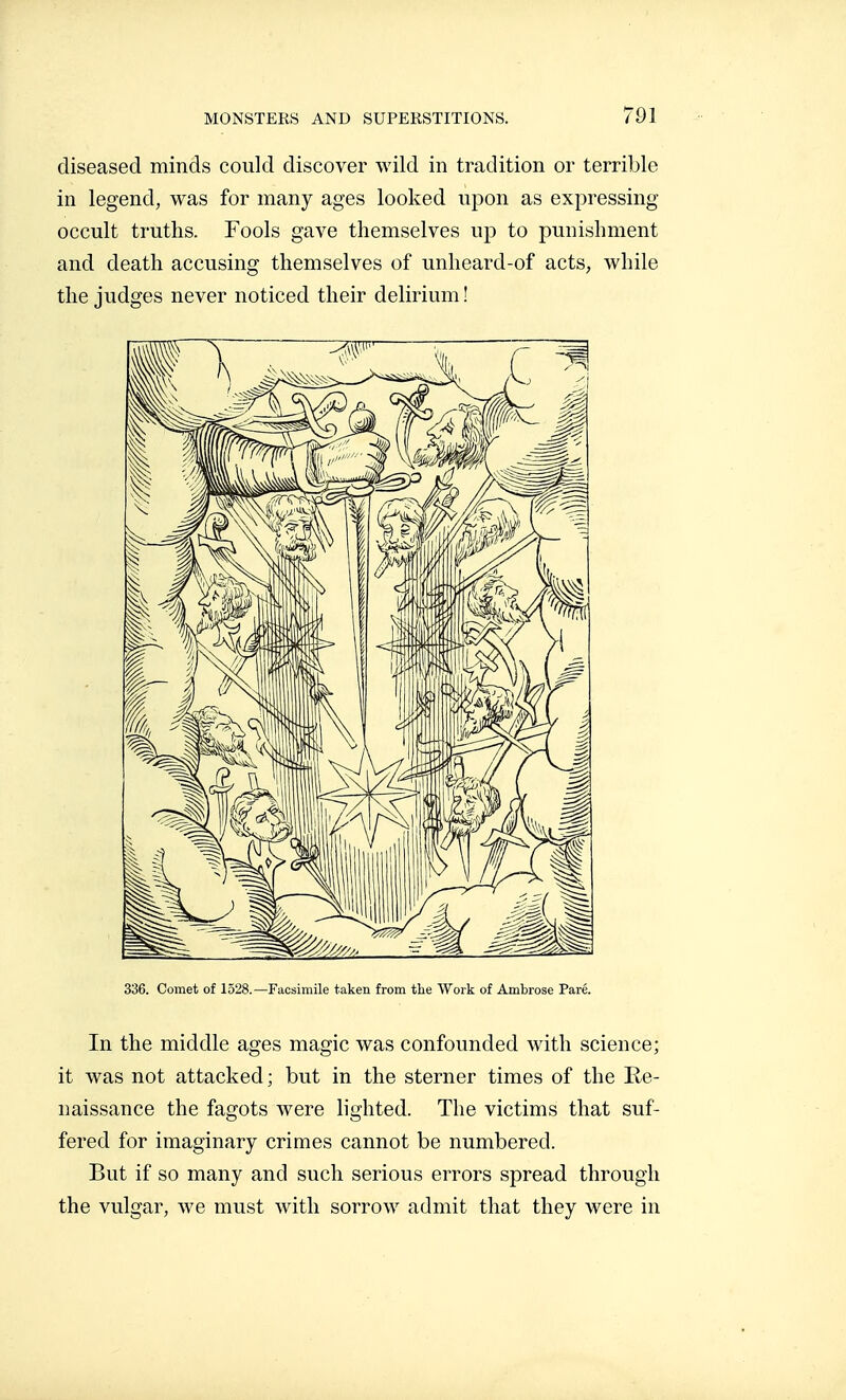 diseased minds could discover wild in tradition or terrible in legend; was for many ages looked npon as expressing occult truths. Fools gave themselves up to punishment and death accusing themselves of unheard-of acts, while the judges never noticed their delirium ! 336. Comet of 1528.—Facsimile taken from the Work of Ambrose Paré. In the middle ages magic was confounded with science; it was not attacked; but in the sterner times of the Re- naissance the fagots were hghted. The victims that suf- fered for imaginary crimes cannot be numbered. But if so many and such serious errors spread through the vulgar, we must with sorrow admit that they were in