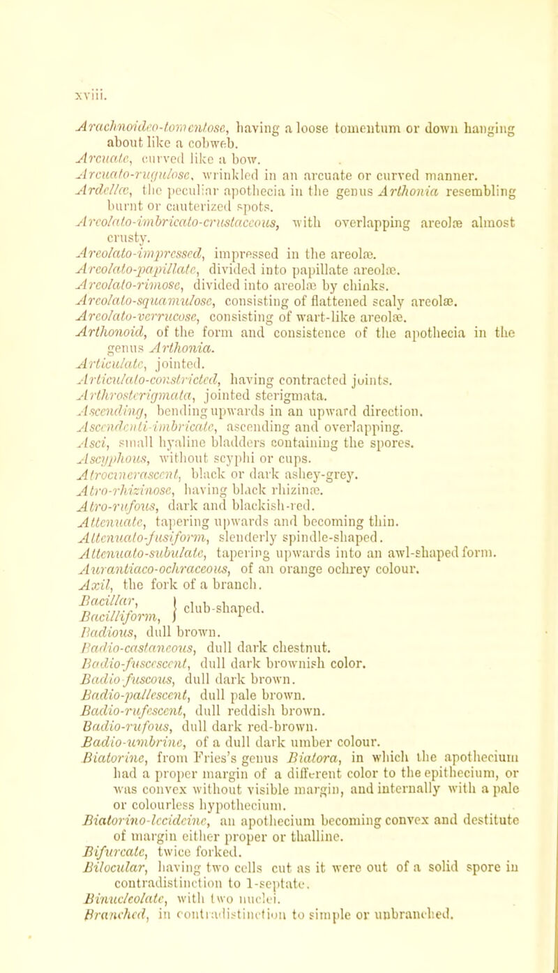 Arachnoideo-tommtose, having a loose tomentum or down hanging about like a cobweb. Arcuate, curved like a bow. Arcuato-rugulose, wrinkled in an arcuate or curved manner. Ardel/ec, the peculiar apothecia in the genus ArOwnia resembling burnt or cauterized spots. Arcolato-imbricato-critstaccous, with overlapping areola; almost crusty. Areolato-impressed, impressed in the areolae. AreoZato-papillate, divided into papillate areola;. Areolalo-rimose, divided into areola; by chinks. Areola lo-sqiiainulose, consisting of flattened scaly areola;. Areo/atu-verrucosc, consisting of wart-like areola;. Arthonoid, of the form and consistence of the apothecia in the genus Arlhonia. Articulate, jointed. Articulalo-constricted, having contracted joints. Arthros/erigmata, jointed sterigmata. Ascending, bending upwards in an upward direction. Asccndcnii imbricate, ascending and overlapping. Asci, small hyaline bladders containing the spores. Ascyphous, without scyphi or cups. Atrocinerasccnt, black or dark ashey-grey. Atvo-rhizhwse, having black rhizinre. Atro-rufous, dark and blackish-veil. Attenuate, tapering upwards and becoming thin. Altenualo-f usiform, slenderly spindle-shaped. Attcnuato-subulatc, tapering upwards into an awl-shaped form. Aurantiaco-ochraccous, of an orange ochrey colour. Axil, the fork of a branch. I'mHons, dull brown. Badio-castaneous, dull dark chestnut. Badio-fusccscent, dull dark brownish color. B'cutio fuscous, dull dark brown. Badio-pallesccnt, dull pale brown. Badio-rufescent, dull reddish brown. Baelio-rufous, dull dark red-brown. Badio-umbrinc, of a dull dark umber colour. Biatorinc, from Fries's genus Biatora, in which the apothecium had a proper margin of a different color to the epithecium, or was convex without visible margin, and internally with a pale or colourless hypothecium. Biatorino-lecidcinc, an apothecium becoming convex and destitute of margin either proper or thalline. Bifurcate, twice forked. Bilocular, having two cells cut as it were out of a solid spore in contradistinction to 1-septate. Binuclcolatc, with two nuclei. Branched, in contradistinction to simple or unbraiuhed.