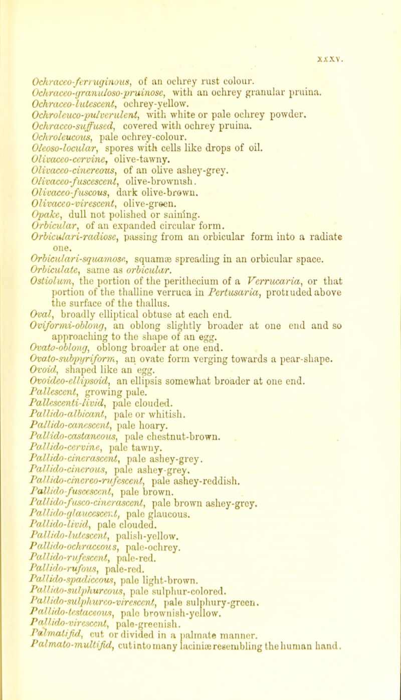 x.vxv. Ochraceo-ferruginous, of an ochrey rust colour. Ochraceo-yranu/oso-pruinosc, with an ochrey granular pruina. Ochraceo-lutcscent, ochrey-yellow. Ochrolcuco-pulvcrulcnt, with white or pale ochrey powder. Ochracco-su [fused, covered with ochrey pruina. Ochrolcucous, pale ochrey-colour. Oleoso-locular, spores with cells like drops of oil. 01 ivaceo-cervine, olive-tawny. Olivacco-cinereaus, of an olive ashey-grey. Olivacco-fuscesccnt, olive-brownish. Olivaceo-fuscous, dark olive-brown. Olivacco-virescent, olive-green. Opakc, dull not polished or snin'mg. Orbicular, of an expanded circular form. Orbicular i-radiosc, passing from an orbicular form into a radiate one. Orbiculari-squamosc, squama? spreading in an orbicular space. Orbicu/ale, same as orbicular. Ostiolum, the portion of the perithecium of a Vcrrucaria, or that portion of the thalliue verruca in Pertusaria, protruded above the surface of the thallus. Oval, broadly elliptical obtuse at each end. Oviformi-oblong, an oblong slightly broader at one end and so approaching to the shape of an egg. Ovato-oblong, oblong broader at one end. Ovato-subpyriform, an ovate form verging towards a pear-shape. Ovoid, shaped like an egg. Ovoideo-cl/ipsoid, an ellipsis somewhat broader at one end. Pallesccnt, growing pale. Pallcsccnti-livid, pale clouded. Pallido-albicant, pale or whitish. Pal lido-canwccnt, pale hoary. Pallido-castcmeouSy pale chestnut-brown. Pallido-cervine, pale tawny. Pallido-cincrascent, pale ashey-grey. Pallido-cincrom, pale ashey-grey. 1'aJIido-cincreo-rvfcscent, pale ashey-reddish. J'allidn-fuscesccnt, pale brown. Pallido-fu.sco-cincrasccnl, pale brown ashey-grey. Pallido-glauccsccrd, pale glaucous. Pallido-livid, pale clouded. Pallido-lutescent, palish-yellow. Palltdo-oehraceous, palc-ochrcy. Pallidn-rufcsccnt, pale-red. Pallido-rufous, pale-red. Pallido-spacUceow, pale light-brown. PalliUo-sulphurcous, pale sulphur-colored. Pallido-afUlphwreo-virescent, pale sulphury-green. Pattido-trMaceous, pain brownish-yellow. Pallido-yireacmt, pala-grecnish. Palwalijid, cut or divided in a palmate manner. Palmato-multifid, cutintotnany laciniie resembling the human hand.