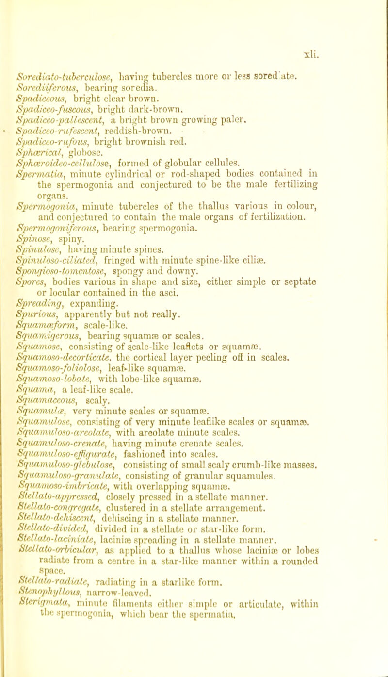 Sorediiferous, bearing soredia. Spadiceous, bright clear brown. Spadiceo-fuscous, bright dark-brown. Spadiceo-pallescmt, a bright brown growing paler. Spadiceo-rufesccnt, reddish-brown. Spadiceo-rufous, bright brownish red. Sphasrical, glohose. Spkceroideo-cellulose, formed of globular cellules. Spermatid, minute cylindrical or rod-shaped bodies contained in the spermogonia and conjectured to be the male fertilizing organs. Spermogonia, minute tubercles of the thallus various in colour, and conjectured to contain the male organs of fertilization. Spermogonifcrous, bearing spermogonia. Spinose, spiny. Spinulose, having minute spines. Spinuloso-ciliated, fringed with minute spine-like cilia?. Spongioso-tomcntosc, spongy and downy. Spores, bodies various in shape anil size, either simple or septate or locular contained in the asci. Spreading, expanding. Spurious, apparently but not really. Squammform, scale-like. Squa.migeroiis, bearing squamae or scales. Squamose, consisting of scale-like leaflets or squamne. Squamoso-dncorticale. the cortical layer peeling off in scales. Squnmoso-foliolose, leaf-like squama?. Squamoso-lohate, with lobe-like squamte. Squama, a leaf-like scale. Squamaceouss, scaly. SqyxtmvXa, very minute scales or squamra. Squamulose, consisting of very minute leaflike scales or squamay Squamuloso-areolate, with arcolate minute scales. Squamutoso-crenale, having minute crenate scales. Squamuloso-effiffwrate, fashioned into scales. Squam uloso-glebulose, consisting of small scaly crumb-like masses. Squamuloso-graniilate, consisting of granular squamules. Sqiianioso-imbricalc, with overlapping squamre. Stellato-appressed, closely pressed in a stellate manner. pUUato-eongregate, clustered in a stellate arrangement. Stellaio-dehiscent, dehiscing in a stollate manner. Stellaio-divided, divided in a stellate or star-like form. aUllalodacimiate, lacinirc spreading in a stellate manner. Slcllalo-orbicu/ar, as applied to a thallus whose lacinue or lobes radiate from a centre in a star-like manner within a rounded space. Sts.llnlo-radiat.e, radiating in a starlikc form. menophylloua, n arrow -1 caved. Sterigmata, minute filaments either simple or articulate, within the spermogonia, which bear the spcrmatia.