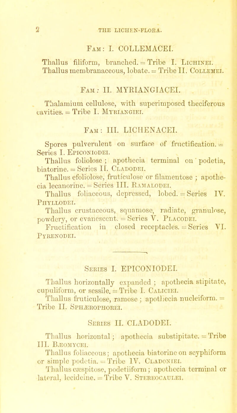 Fam: I. COLLEMACEI. Thallus filiform, branched. = Tribe I. Lichinei. Thallus membranaceous, lobate. = Tribe II. Collemei. Fam; II. MYRIANGIACEI. Tbalamium cellulose, with superimposed theciferous cavities. = Tribe I. Myriangiei. Fam : III. LICHENACEI. Spores pulverulent on surface of fructification. = Series I. Epiconiodei. Thallus foliolose ; apotbecia terminal on' podetia. biatorine. = Series II. Cladodei. Thallus efoliolose, fruticulose or filamentose ; apotbe- cia lecanorine. = Series III. Eamalodei. Thallus foliaceous, depressed, lobed. = Series IV. Phyllodei. Thallus crustaceous, squamose, radiate, granulose, powdery, or evanescent. = Series V. Placodei. Fructification in closed receptacles. = Series VI. Pyrenodei. Series I. EPICONIODEI. Thallus horizontally expanded ; apotbecia stipitate, cupuliform, or sessile. = Tribe I. Caliciei. Thallus fruticulose, ramose ; apotbecia nucleiform. = Tribe II. SPHiEROPHOREI. Series II. CLADODEI. Thallus horizontal; apotbecia substipitate. = Tribe III. ILeomycei. Thallus foliaceous; apotliecia biatorine on scyphiform or simple podetia. — Tribe IV. Cladoniei. Thallus ca'spitose, pod etii form; apotbecia terminal or lateral, lecideine. = Tribe V. Stkreocaui.ei.