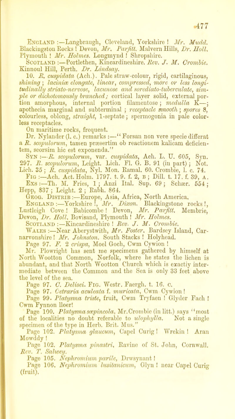 177 England :—Langbvaugh, Cleveland, Yorkshire ! Mr. Mudd. BlacMngston Rocks ! Devon, Mr. Parfitt. Malvern Hills, Dr. JJoll. Plymouth ! Mr. Holmes. Longmynd ! Shropshire. Scotland :—Portlethen, Kincardineshire. Rev. J. M. Crombie. Kinnoul Hill, Perth. Dr. Lindsay. 10. R. cuspidata (Ach.). Pale straw-colour, rigid, cartilaginous, shining ; lacinice elongate, linear, compressed, more or less longi- tudinally striato-ncrvosc, lacunose and sorcdiato-iuberculale, sim- ple or dichotomously branched; cortical layer solid, external por- tion amorphous, internal portion filamentose; medulla K—; apothecia marginal and subterminal ; receptacle smooth; spores 8, colourless, oblong, straight, 1-septate; spermogonia in pale color- less receptacles. On maritime rocks, frequent. Dr. Nylander(l. c.) remarks :— Forsan non vere specie differat a R. scopidorum, tamen prcesertim ob reactionem kalicam deficien- tem, seorsim hie est exponenda. Syn :—R. scopidorum, var. cuspidata, Ach. L. U. 605, Syn. 297. R. scopidorum, Leight. Lich. Fl. G. B. 91 (in part); Not. Lich. 35 ; R. cuspidata, Nyl. Mon. Eamal. 60. Crombie, 1. c. 74. Fig :—Ach. Act. Holm. 1797. t. 9. f. 2, b ; Dill. t. 17. f. 39, A. Exs :—Th. M. Fries, 1 ; Anzi Ital. Sup. 69 ; Schasr. 554 ; Hepp, 837 ; Leight. 2 ; Eabh. 864. Geog. Distrib :—Europe, Asia, Africa, North America, England ;—Yorkshire!, Mr. Dixon. Blackingstone rocks!, Lustleigh Cove ! Babicombe ! Devon, Mr. Parfitt. Membrie, Devon, Dr. IIoll. Bovisand, Plymouth ! Mr. Holmes. Scotland :—Kincardineshire ! Rev- J. M. Crombie. Wales :—Near Aberystwith, Mr. Foster. Bardsey Island, Car- narvonshire ! Mr. Johnston. South Stacks ! Holyhead. Page 97. F. 2 crispa, Moel Goch, Cwm Cywion ! Mr. Plowright has sent me specimens gathered by himself at North Wootton Common, Norfolk, where he states the lichen is abundant, and that North Wootton Church which is exactiy inter- mediate between the Common and the Sea is only 33 feet above the level of the sea. Page 97. C. Dclisci. Fig. Westr. Faergh. t. 16. c. Page 97. Oelraria aculcala f. muricata, Cwm Cywion ! Page 99. Plalysma triste, fruit, Cwm Tryfaen ! Glyder Fach ! Cwm Fynnon lloer! Page 100. Platysma smpincola. Mr.Crombie (in litt.) says most of the localities no doubt referable to ulophylla. Not a single specimen of the type in Herb. Brit. If us. Pago 102. Platysma glaucum, Capel Curig! Wrekin I Aran Mowddy ! Page 102. Platysma pinastri. Ravine of St. John, Cornwall. Rev. T. SaVwcy. Page 105. Nephromium parile, Drwsynant I Page 106. Nephromium lusilanicum, Glyn ! near Capel Curi- (fruit).