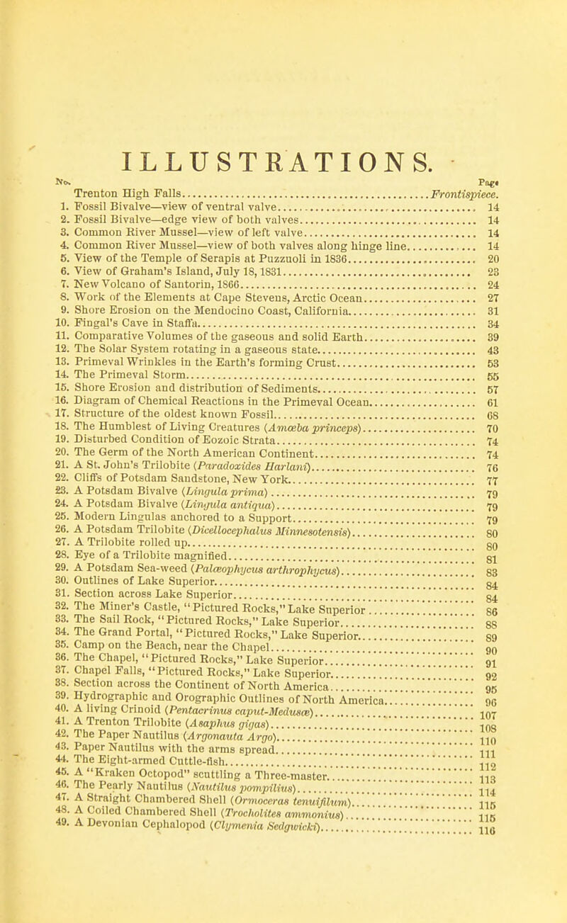 ILLUSTRATIONS. Trenton High Falls Frontispiece. 1. Fossil Bivalve—view of ventral valve , , , 14 2. Fossil Bivalve—edge view of both valves 14 3. Common River Mussel—view of left valve 14 4. Common River Mussel—view of both valves along hinge line 14 5. View of the Temple of Serapis at Puzzuoli in 1836 20 6. View of Graham's Island, July 18,1831 23 7. New Volcano of Santorin, 1860 24 8. Work of the Elements at Cape Stevens, Arctic Ocean 27 9. Shore Erosion on the Mendocino Coast, California 31 10. Fingal's Cave in Stafl'a 34 11. Comparative Volumes of the gaseous and solid Earth 39 12. The Solar System rotating in a gaseous state „ 43 13. Primeval Wrinkles in the Earth's forming Crust 53 14. The Primeval Storm 55 15. Shore Erosion and distribution of Sediments 57 16. Diagram of Chemical Reactions in the Primeval Ocean 61 17. Structure of the oldest known Fossil 68 18. The Humblest of Living Creatures (Amoeba princeps) 70 19. Disturbed Condition of Eozoic Strata 74 20. The Germ of the North American Continent 74 21. A St. John's Trilobite (Paradoxides Harlani) 76 22. Cliffs of Potsdam Sandstone, New York. 77 23. A Potsdam Bivalve (Lingula prima) , 79 24. A Potsdam Bivalve (Linyula antiqua) .. 79 25. Modern Lingulas anchored to a Support 79 26. A Potsdam Trilobite (DicellocepJialus Minnesotensis) 80 27. A Trilobite rolled up ... . . . 80 28. Eye of a Trilobite magnified gl 29. A Potsdam Sea-weed (Palceophycus arthrophycus) 83 30. Outlines of Lake Superior §4. 31. Section across Lake Superior 84 32. The Miner's Castle, Pictured Rocks, Lake Superior 86 33. The Sail Rock, Pictured Rocks, Lake Superior 8S 34. The Grand Portal, Pictured Rocks, Lake Superior........89 35. Camp on the Beach, near the Chapel go 36. The Chapel, Pictured Rocks, Lake Superior'. 91 37. Chapel Falls, Pictured Rocks, Lake Superior 92 38. Section across the Continent of North America 95 39. Hydrographic and Orographic Outlines of North America..'.95 40. A hviag Cvinoia (Pentacrinus caput-Medusce).. .. 10t 41. A Trenton Trilobite (Asaphus gigas) 10g 42. The Paper Nautilus (Argonauta Argo) 110 43. Paper Nautilus with the arms spread 111 44. The Eight-armed Cuttle-fish .\\\\{{i 45. A Kraken Octopod scuttling a Three-master..'.'. 113 46. The Pearly Nautilus (Nautilus pompilius) lu 47. A Straight Chambered Shell (Ormoccras tenuifdum) 48. A Coiled Chambered Shell (Trocholites ammonius) iln 49. A Devonian Cephalopod (Clymenia Scdgwicki). . 11(J