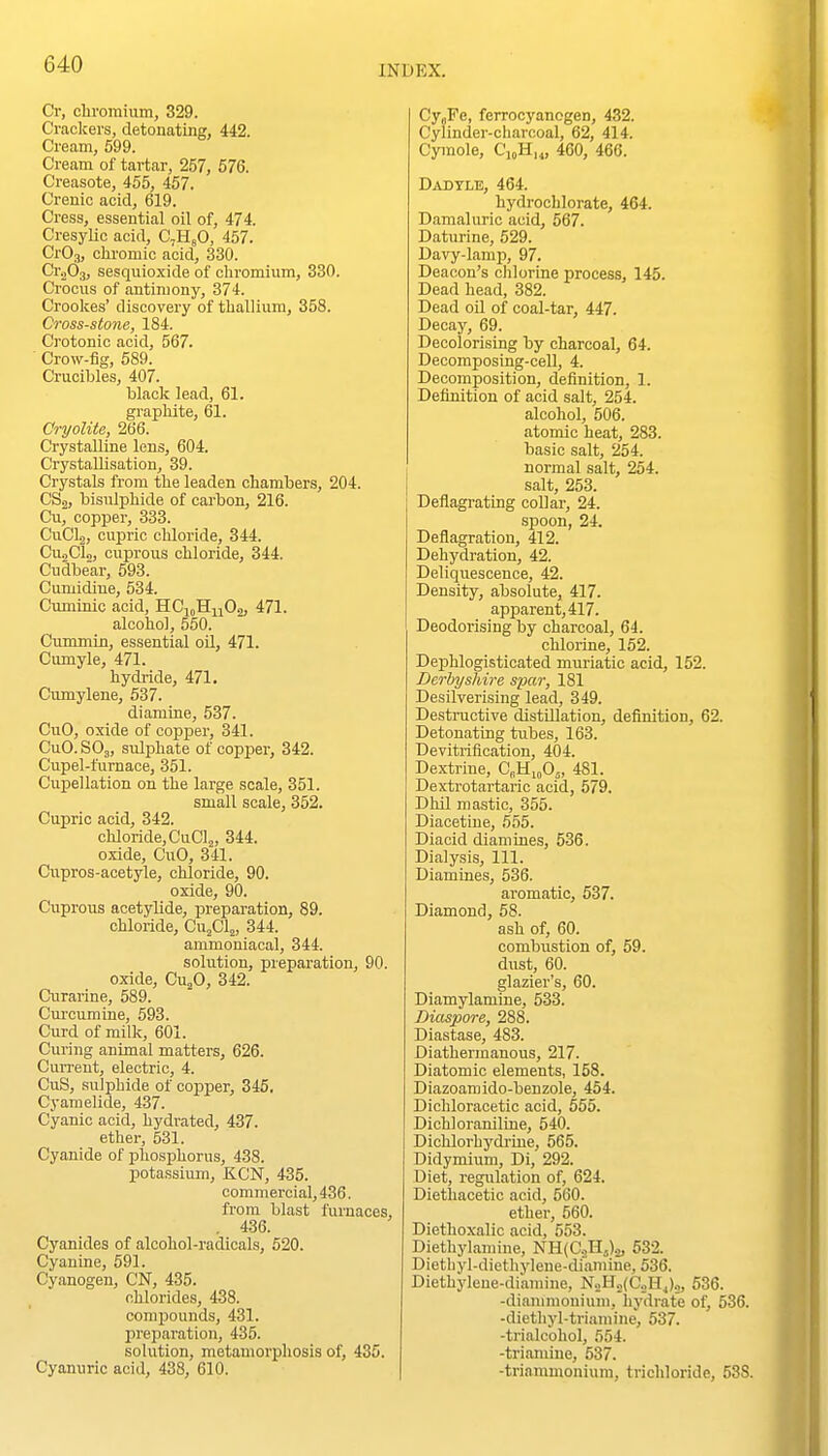 Cr, chromium, 329. Crackers, detonating, 442. Cream, 699. Cream of tartar, 257, 576. Creasote, 455, 457. Crenic acid, 619. Cress, essential oil of, 474. Cresylic acid, C7H8O, 457. CrOj, chromic acid, 330. CrgOj, sesquioxide of chromium, 330. Crocus of antimony, 374. Croolces' discovery of thallium, 358. Cross-stone, 184. Crotonic acid, 567. ■ Crow-fig, 589. Crucibles, 407. black lead, 61. graphite, 61. Cryolite, 266. Crystalline lens, 604. Crystallisation, 39. Crystals from the leaden chambers, 204. CSj, bisulphide of carbon, 216. Cu, copper, 333. CuCl.2, cupric cliloride, 344. Cu-jClj, cuprous chloride, 344. Cudbear, 593. Cumidiue, 534. Cuminic acid, HCioHjiOa, 471. alcohol, 550. Cummin, essential oil, 471. Ciimyle, 471. hydride, 471. Cumylene, 537. diamine, 537. CuO, oxide of copper, 341. CuO. SO3, sulphate of copper, 342. Cupel-furnace, 351. Cupellation on the large scale, 351. small scale, 352. Cupric acid, 342. chloride, CuClj, 344. oxide, CuO, 341. Cupros-acetyle, chloride, 90. oxide, 90. Cuprous acetylide, preparation, 89. chloride, Q\\Q\, 344. ammoniacal, 344. solution, preparation, 90. oxide, CujO, 342. Curarine, 589. Cui'cumine, 593. Curd of milk, 601. Curing animal matters, 626. Current, electric, 4. CuS, sulphide of copper, 345, Cyamelide, 437. Cyanic acid, hydrated, 437. ether, 531. Cyanide of phosphorus, 438. potassium, KCN, 435. commercial, 436. from blast furnaces, . 436. Cyanides of alcohol-radicals, 520. Cyanine, 591. Cyanogen, CN, 435. chlorides, 438. compounds, 431. preparation, 435. solution, metamorphosis of, 435. Cyanuric acid, 438, 610. CyoFe, ferrocyanogen, 432. Cylinder-charcoal, 62, 414. Cyraole, C'i„H,„ 460, 466. Dadtle, 464. hydrochlorate, 464. Damaluric acid, 567. Daturine, 529. Davy-lamp, 97. Deacon's clilorine process, 145. Dead head, 382. Dead oil of coal-tar, 447. Decay, 69. Decolorising by charcoal, 64. Decomposing-cell, 4. Decomposition, definition, 1. Definition of acid salt, 254. alcohol, 506. atomic heat, 283. basic salt, 254. normal salt, 254. salt, 253. Deflagrating collar, 24. spoon, 24. Deflagration, 412. Dehydration, 42. Deliquescence, 42. Density, absolute, 417. apparent, 417. Deodorising by charcoal, 64. chlorine, 152. Dephlogisticated muriatic acid, 152. Derbyshire spar, 181 Desilverising lead, 349. Destructive distillation, definition, 62. Detonating tubes, 163. Devitrification, 404. Dextrine, C^HioOj, 481. Dextrotartaric acid, 579. Dhil mastic, 355. Diacetiue, 655. Diacid diamines, 536. Dialysis, 111. Diamines, 536. aromatic, 537. Diamond, 58. ash of, 60. combustion of, 59. dust, 60. glazier's, 60. Diamylamine, 533. Diaspore, 288. Diastase, 483. Diathermanous, 217. Diatomic elements, 158. Diazoaraido-benzole, 454. Dichloracetic acid, 555. Dichloraniline, 540. Dichlorhj'drine, 565. Didymium, Di, 292. Diet, regulation of, 624. Diethacetic acid, 560. ether, 560. Diethoxalic acid, 553. Diethylamine, NH(C.,H5).^ 532. Dietliyl-diethylene-diamine, 536, Diethylene-diamine, N.Ji«(C.,H,).,, 536. -dianimonium, liydrate of, 536. -diethyl-triamine, 537. -trialcohol, 554. -triamiue, 537. -triammonium, trichloride, 538.