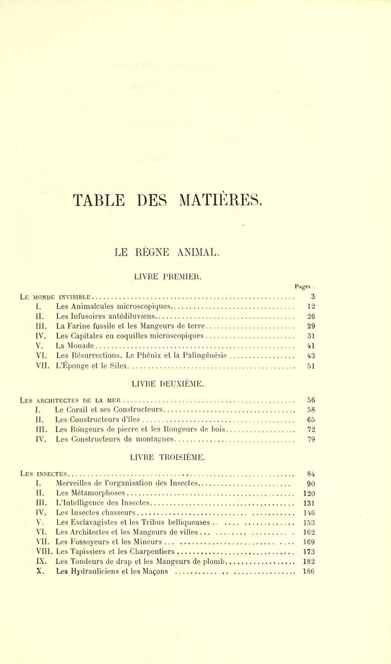 TABLE DES MATIÈRES. LE RÈGNE ANIMAL. LIVRE PREMIER. Pages . Le monde invisible 3 I. Les Animalcules microscopiques 12 II. Les Infusoires antédiluviens 26 III. La Farine fossile et les Mangeurs de terre 29 IV. Les Capitales en coquilles microscopiques 31 V. La Monade 41 VI. Les Résurrections. Le Phénix et la Palingénésie 43 VIL L'Éponge et le Silex 51 LIVRE DEUXIÈME. Les architectes de la mer 56 I. Le Corail et ses Constructeurs 58 IL Les Constructeurs d'îles 65 III. Les Rongeurs de pierre et les Rongeurs de bois 72 IV. Les Constructeurs de montagnes 79 LIVRE TROISIÈME. Les insectes 84 I. Merveilles de l'organisation des Insectes 90 II. Les Métamorphoses 120 III. L'Intelligence des Insectes 131 IV. Les Insectes chasseurs 146 V. Les Esclavagistes et les Tribus belliqueuses 153 VI. Les Architectes et les Mangeurs de villes 162 VIL Les Fossoyeurs et les Mineurs 169 VIII. Les Tapissiers et les Charpentiers 173 IX. Les Tondeurs de drap et les Mangeurs de plomb 182 X. Les Hydrauliciens et les Maçons 186