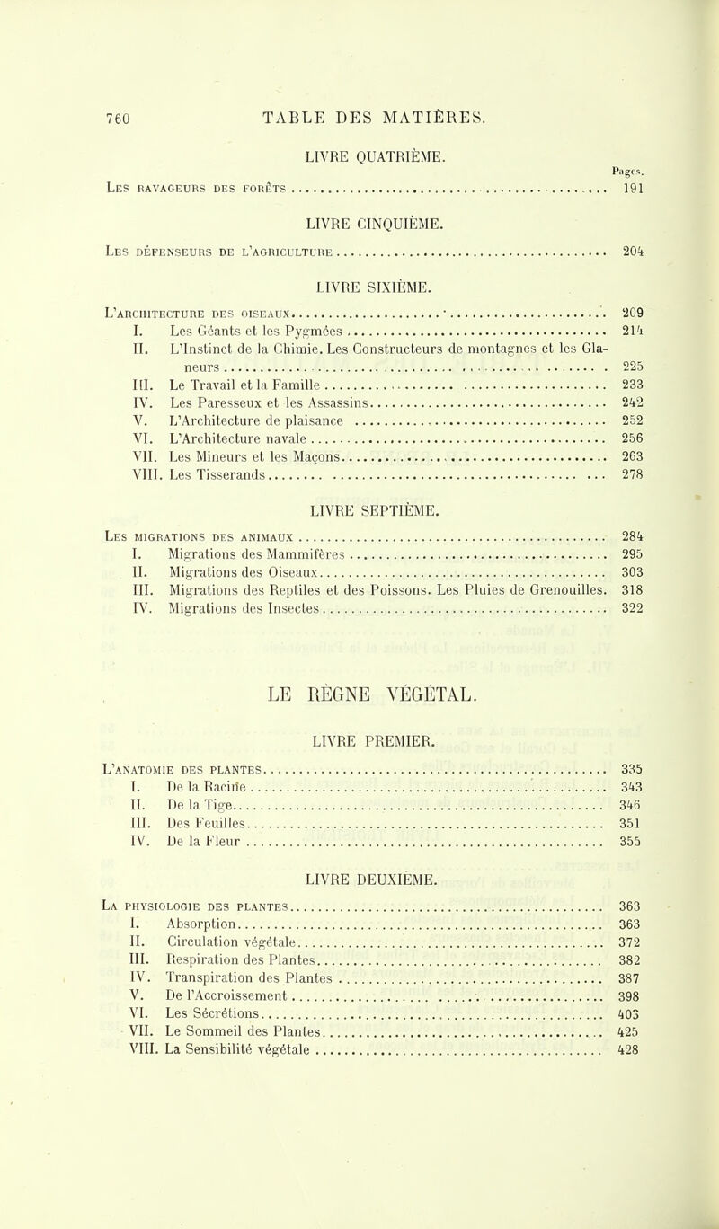 LIVRE QUATRIÈME. Pages. Les ravageurs des forêts 191 LIVRE CINQUIÈME. Les défenseurs de l'agriculture 204 LIVRE SIXIÈME. L'architecture des oiseaux ■ 209 I. Les Géants et les Pygmées 214 II. L'Instinct de la Chimie. Les Constructeurs de montagnes et les Gla- neurs 225 III. Le Travail et la Famille 233 IV. Les Paresseux et les Assassins 242 V. L'Architecture de plaisance 252 VI. L'Architecture navale 256 VII. Les Mineurs et les Maçons 263 VIII. Les Tisserands 278 LIVRE SEPTIÈME. Les migrations des animaux 284 I. Migrations des Mammifères 295 IL Migrations des Oiseaux 303 III. Migrations des Reptiles et des Poissons. Les Pluies de Grenouilles. 318 IV. Migrations des Insectes 322 LE RÈGNE VÉGÉTAL. LIVRE PREMIER. L'anatomie des plantes 335 I. De la Racirîe 343 IL De la Tige 346 III. Des Feuilles 351 IV. De la Fleur 355 LIVRE DEUXIÈME. La physiologie des plantes 363 I. Absorption 363 IL Circulation végétale 372 III. Respiration des Plantes 382 IV. Transpiration des Plantes 387 V. De l'Accroissement ■. 398 VI. Les Sécrétions 403 VIL Le Sommeil des Plantes 425 VIII. La Sensibilité végétale 428