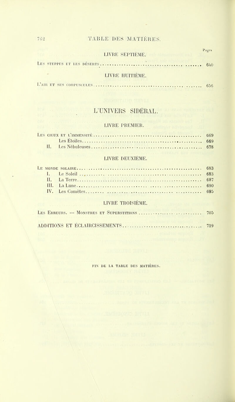 LIVRE SEPTIÈME. Les steppes et les déserts .., 640 LIVRE HUITIÈME. L'air et ses corpuscules 655 L'UNIVERS SIDÉRAL. LIVRE PREMIER. Les cieux et l'immensité 669 Les Étoiles 669 II. Les Nébuleuses 678 LIVRE DEUXIÈME. Le monde solaire 683 L Le Soleil .., 683 II. La Terre 687 III. La Lune 690 IV. Les Comètes 695 LIVRE TROISIÈME. Les Erreurs. — Monstres et Superstitions 705 ADDITIONS ET ÉCLAIRCISSEMENTS 719 fin de la table des matières.