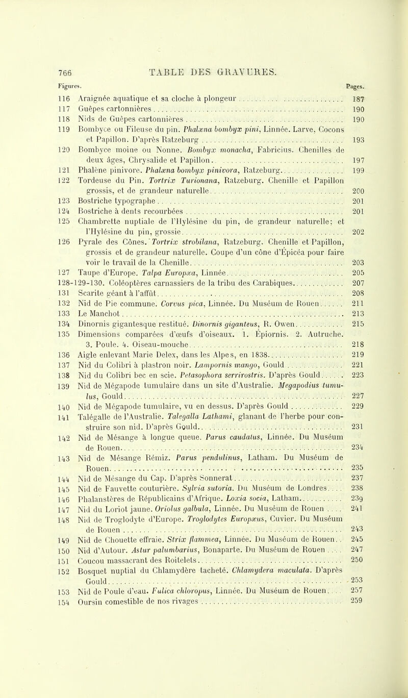 Figures. Pages. 116 Araignée aquatique et sa cloche à plongeur 187 117 Guêpes cartonnières ... 190 118 Nids de Guêpes cartonnières 190 119 Bombyce ou Fileuse du pin. Phalxna bombyx pini, Linnée. Larve, Cocons et Papillon. D'après Ratzeburg 193 120 Bombyce moine ou Nonne. Bombyx monacha, Fabricius. Chenilles de deux âges, Chrysalide et Papillon. 197 121 Phalène pinivore. Phalœna bombyx pinivora, Ratzeburg 199 122 Tordeuse du Pin. Tortrix Turionana, Ratzeburg. Chenille et Papillon grossis, et de grandeur naturelle 200 123 Bostriche typographe 201 124 Bostriche à dents recourbées 201 125 Chambrette nuptiale de l'Hylésine du pin, de grandeur naturelle; et FHylésine du pin, grossie 202 126 Pyrale des Cônes. ' Tortrix strobilana, Ratzeburg. Chenille et Papillon, grossis et de grandeur naturelle. Coupe d'un cône d'Épicéa pour faire voir le travail de la Chenille 203 127 Taupe d'Europe. Talpa Europxa, Linnée 205 128-129-130. Coléoptères carnassiers de la tribu des Carabiques 207 131 Scarite géant à l'affût 208 132 Nid de Pie commune. Corvus pica, Linnée. Du Muséum de Rouen 211 133 Le Manchot 213 134 Dinornis gigantesque restitué. Dinornis giganteus, R. Owen 215 135 Dimensions comparées d'œufs d'oiseaux. 1. Épiornis. 2. Autruche. 3. Poule, 4. Oiseau-mouche 218 136 Aigle enlevant Marie Delex, dans les Alpes, en 1838 219 137 Nid du Colibri à plastron noir. Lampornis mango, Gould 221 138 Nid du Colibri bec en scie. Petasophora serrirostris. D'après Gould 223 139 Nid de Mégapode tumulaire dans un site d'Australie. Megapodius tumu- lus, Gould 227 140 Nid de Mégapode tumulaire, vu en dessus. D'après Gould 229 141 Talégalle de l'Australie. Talegalla Lathami, glanant de l'herbe pour con- struire son nid. D'après Gould 231 142 Nid de Mésange à longue queue. Parus caudalus, Linnée. Du Muséum de Rouen ■ 234 143 Nid de Mésange Rémiz. Parus pendulinus, Latham. Du Muséum de Rouen 235 144 Nid de Mésange du Cap. D'après Sonnerat 237 145 Nid de Fauvette couturière. Syhna sutoria. Du Muséum de Londres. .. . 238 146 Phalanstères de Républicains d'Afrique. Loxia socia, Latham 23g 147 Nid du Loriot jaune. Oriolus galbula, Linnée. Du Muséum de Rouen .... 241 148 Nid de Troglodyte d'Europe. Troglodytes Europxus, Cuvier. Du Muséum de Rouen 243 149 Nid de Chouette effraie. Strix flammea, Linnée. Du Muséum de Rouen. . 245 150 Nid d'Autour. Astur palumbarius, Bonaparte. Du Muséum de Rouen .... 247 151 Coucou massacrant des Roitelets 250 152 Bosquet nuptial du Chlamydère tacheté. Chlamydera viaculata. D'après Gould 253 153 Nid de Poule d'eau. Fulica chloropus, Linnée. Du Muséum de Rouen. . . 257 154 Oursin comestible de nos rivages 259