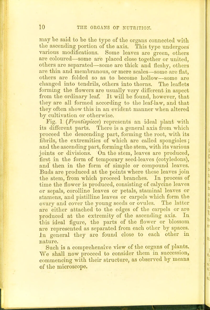 may be said to be tlie type of tlie organs connected witli tlie ascending portion of the axis. This type undergoes various modifications. Some leaves are green, others are coloured—some are placed close together or united, others are separated—some are thick and fleshy, others are thin and membranous, or mere scales—some are flat, others are folded so as to become hollow—some are clianged into tendrils, others into thorns. The leaflets formijig the flowers are usually veiy different in aspect from the ordinary leaf. It will be found, however, that they are all formed according to the leaf-law, and that they often show this in an evident manner when altered by cultivation or otherwise. Fig. 1 {Frontispiece) represents an ideal plant with its different parts. There is a general axis from wliich proceed the descending part, forming the root, with its fibrils, the extremities of which are called spongioles; and the ascending part, forming the stem, with its various joints or divisions. On the stem, leaves are produced, first in the form of temporary seed-leaves (cotyledons), and then in the form of simple or compound leaves. Buds are produced at the points where these leaves join the stem, from which proceed branches. In process of time the flower is produced, consisting of calycine leaves or sepals, corolline leaves or petals, staminal leaves or stamens, and pistilline leaves or carpels which form the ovary and cover the young seeds or ovules. The latter are either attached to the edges of the carpels or are produced at the extremity of the ascending axis. In this ideal figure, the parts of the flower or blossom are represented as separated from each other by spaces. In general they are found close to each other iu nature. Such is a comprehensive view of the organs of plants. We shall now proceed to consider them in succession, commencing with their structure, as observed by means of the microscope.