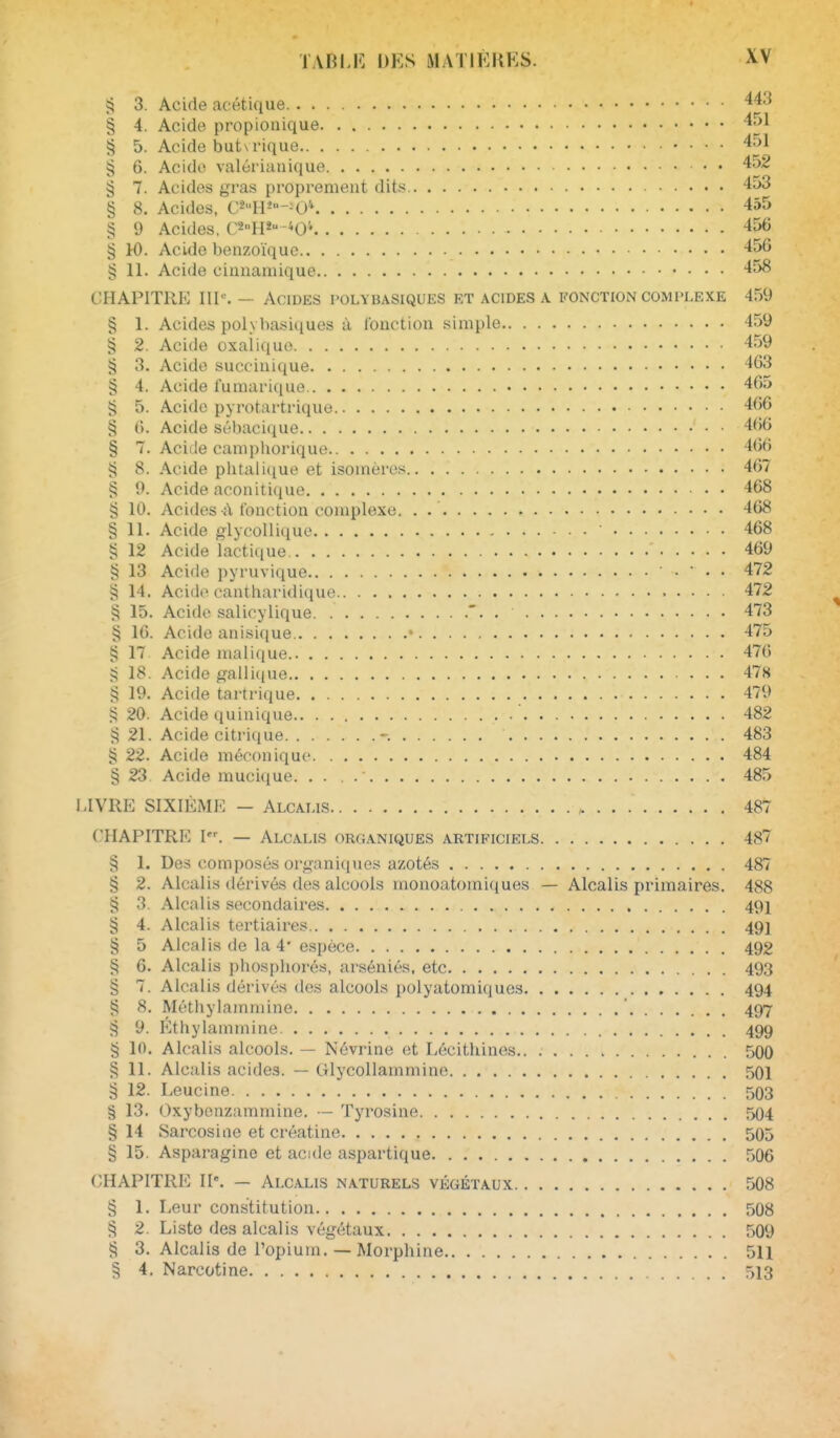 § 3. Acide acétique ^43 § 4, Acide propionique § 5. Acide buta'ique 451 § 6. Acide valérianique 452 § 7. Acides gras proprement dits 453 § 8. Acides, C^'-IP-^U'» 455 § 9 Acides. C2H«''-40* 456 § }0. Acide benzoïque 456 § 11. Acide ciunamique 458 CHAPITRE III. — Acides polybasiques et acides a fonction complexe 459 § 1. Acides pol> basiques à fonction simple 459 § 2. Acide oxalique 459 § 3. Acide succiuique 463 § 4. Acide fumarique 465 § 5. Acide pyrotartrique 466 § 6. Acide st';bacique 4(i6 § 7. Acide camphorique 466 § 8. Acide plitaliciue et isomères 467 § 9. Acide aconitique 468 § 10. Acides à fonction complexe. . 468 § 11. Acide glycollique - ' 468 § 12 Acide lactique 469 § 13 Acide pyruvique ■ . • . . 472 § 14. Acide cantharidique 472 § 15. Acide salicylique '. . 473 § 16. Acide anisique. • 475 § 17 Acide malique 476 g 18. Acide gaili((ue 478 § 19. Acide tartrique 479 § 20. Acide quinique 482 § 21. Acide citrique ~. 483 § 22. Acide méconiquc 484 § 23 Acide mucique. . . . 485 MVRE SIXIÈME — Alcalis , 487 CHAPITRE I. — Alcalis organiques artificiels 487 § 1. Des composés or<4'aniqiies azotés 487 § 2. Alcalis dérivés des alcools monoatomiques — Alcalis primaires. 488 § 3. Alcalis secondaires 491 § 4. Alcalis tertiaires 491 § 5 Alcalis de la 4'espèce 492 § 6. Alcalis pliospliorés, arséniés, etc 493 § 7. Alcalis dérivés des alcools polyatomiques 494 § 8. Méthylammine ' 497 ^ 9. Éthylammine. 499 § 10. Alcalis alcools. — Névrine et Lécithines 500 § 11. Alcalis acides. — Glycollammine 501 § 12. Leucine 503 § 13. Oxybeazammine. — Tyrosine 504 § 14 Sarcosine et créatine 505 § 15. Asparaginc et acide aspartique 506 CHAPITRE 11°. — Alcalis naturels végétaux 508 § 1. Leur constitution 508 § 2. Liste des alcalis végétaux 509 ^ 3. Alcalis de l'opium. — Morphine 511 § 4. Narcotine ,513