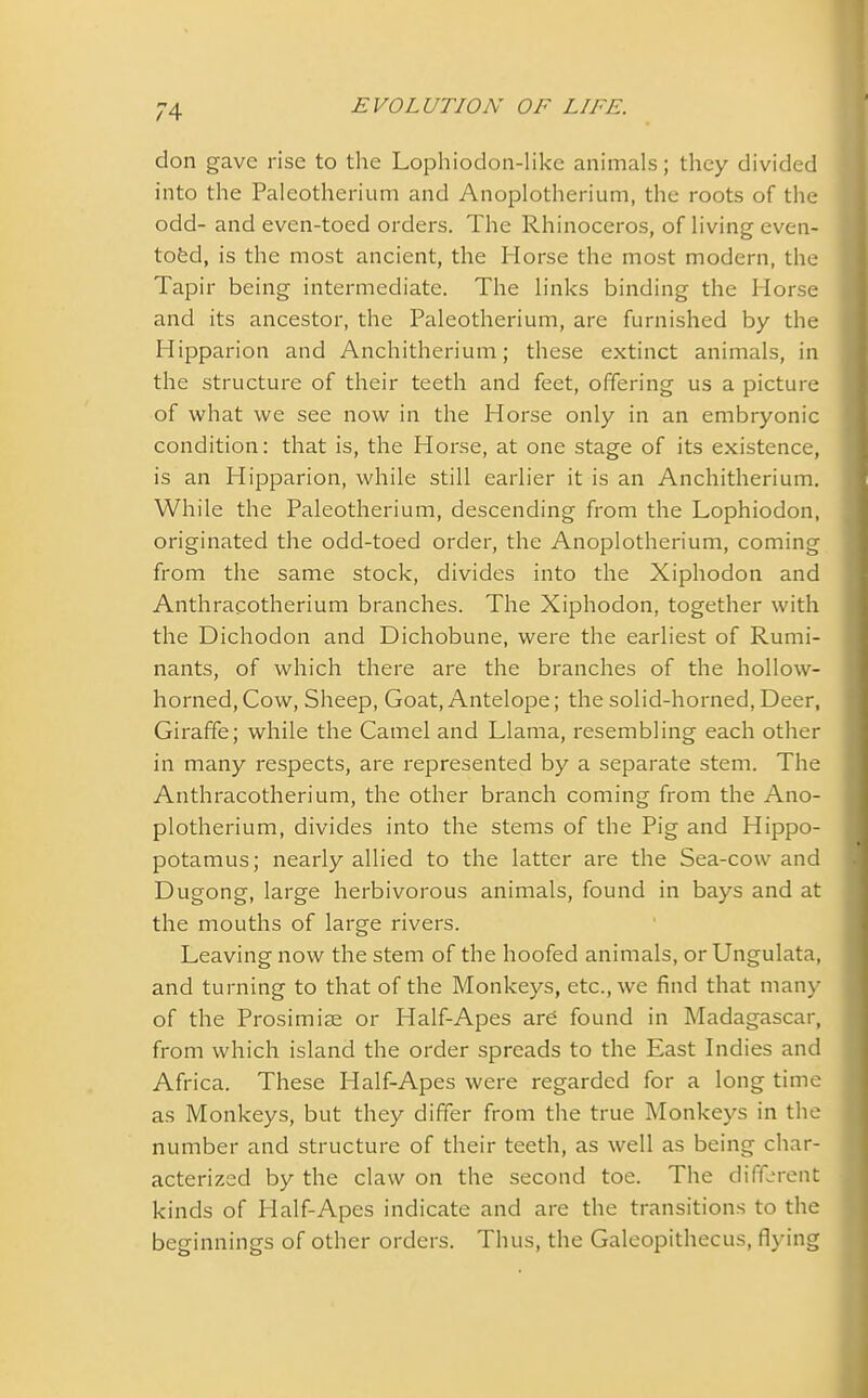7 4 don gave rise to the Lophiodon-like animals; they divided into the Paleotherium and Anoplotherium, the roots of the odd- and even-toed orders. The Rhinoceros, of living even- tofcd, is the most ancient, the Horse the most modern, the Tapir being intermediate. The links binding the Horse and its ancestor, the Paleotherium, are furnished by the Hipparion and Anchitherium; these extinct animals, in the structure of their teeth and feet, offering us a picture of what we see now in the Horse only in an embryonic condition: that is, the Horse, at one stage of its existence, is an Hipparion, while still earlier it is an Anchitherium. While the Paleotherium, descending from the Lophiodon, originated the odd-toed order, the Anoplotherium, coming from the same stock, divides into the Xiphodon and Anthracotherium branches. The Xiphodon, together with the Dichodon and Dichobune, were the earliest of Rumi- nants, of which there are the branches of the hollow- horned, Cow, Sheep, Goat, Antelope; the solid-horned, Deer, Giraffe; while the Camel and Llama, resembling each other in many respects, are represented by a separate stem. The Anthracotherium, the other branch coming from the Ano- plotherium, divides into the stems of the Pig and Hippo- potamus; nearly allied to the latter are the Sea-cow and Dugong, large herbivorous animals, found in bays and at the mouths of large rivers. Leaving now the stem of the hoofed animals, or Ungulata, and turning to that of the Monkeys, etc., we find that many of the Prosimiae or Half-Apes are found in Madagascar, from which island the order spreads to the East Indies and Africa. These Half-Apes were regarded for a long time as Monkeys, but they differ from the true Monkeys in the number and structure of their teeth, as well as being char- acterized by the claw on the second toe. The different kinds of Idalf-Apes indicate and are the transitions to the beginnings of other orders. Thus, the Galeopithecus, flying