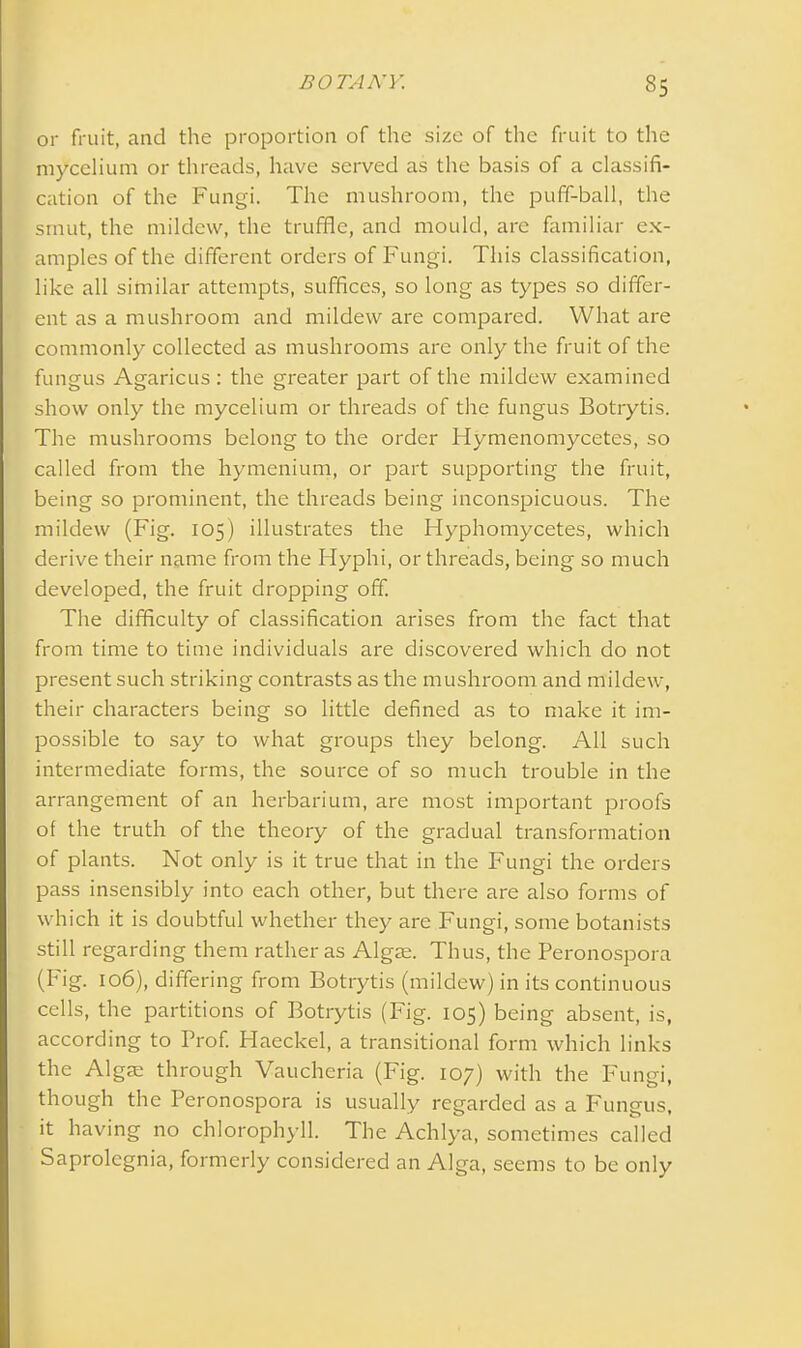 or fruit, and the proportion of the size of the fruit to the mycelium or threads, have served as the basis of a classifi- cation of the Fungi. The mushroom, the puff-ball, the smut, the mildew, the truffle, and mould, are familiar ex- amples of the different orders of Fungi. This classification, like all similar attempts, suffices, so long as types so differ- ent as a mushroom and mildew are compared. What are commonly collected as mushrooms are only the fruit of the fungus Agaricus : the greater part of the mildew examined show only the mycelium or threads of the fungus Botrytis. The mushrooms belong to the order Hymenomycetes, so called from the hymenium, or part supporting the fruit, being so prominent, the threads being inconspicuous. The mildew (Fig. 105) illustrates the Hyphomycetes, which derive their name from the Hyphi, or threads, being so much developed, the fruit dropping off. The difficulty of classification arises from the fact that from time to time individuals are discovered which do not present such striking contrasts as the mushroom and mildew, their characters being so little defined as to make it im- possible to say to what groups they belong. All such intermediate forms, the source of so much trouble in the arrangement of an herbarium, are most important proofs of the truth of the theory of the gradual transformation of plants. Not only is it true that in the Fungi the orders pass insensibly into each other, but there are also forms of which it is doubtful whether they are Fungi, some botanists still regarding them rather as Algae. Thus, the Peronospora (Fig. 106), differing from Botrytis (mildew) in its continuous cells, the partitions of Botrytis (Fig. 105) being absent, is, according to Prof. Haeckel, a transitional form which links the Algae through Vauchcria (Fig. 107) with the Fungi, though the Peronospora is usually regarded as a Fungus, it having no chlorophyll. The Achlya, sometimes called Saprolegnia, formerly considered an Alga, seems to be only